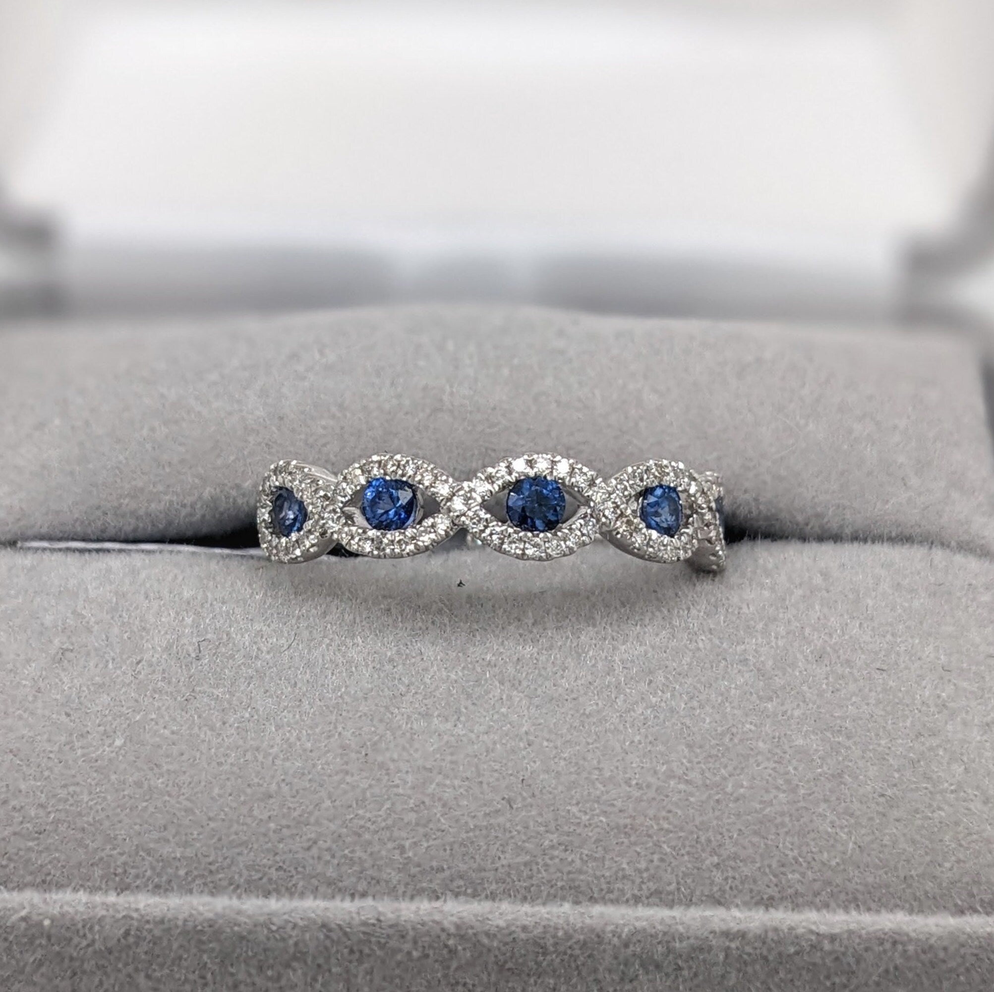 Stackable Rings-Pretty Sapphire Band in Solid 14k White Gold with Natural Diamond Accents || Blue Gemstone Ring || Stackable Ring || October Birthstone || - NNJGemstones