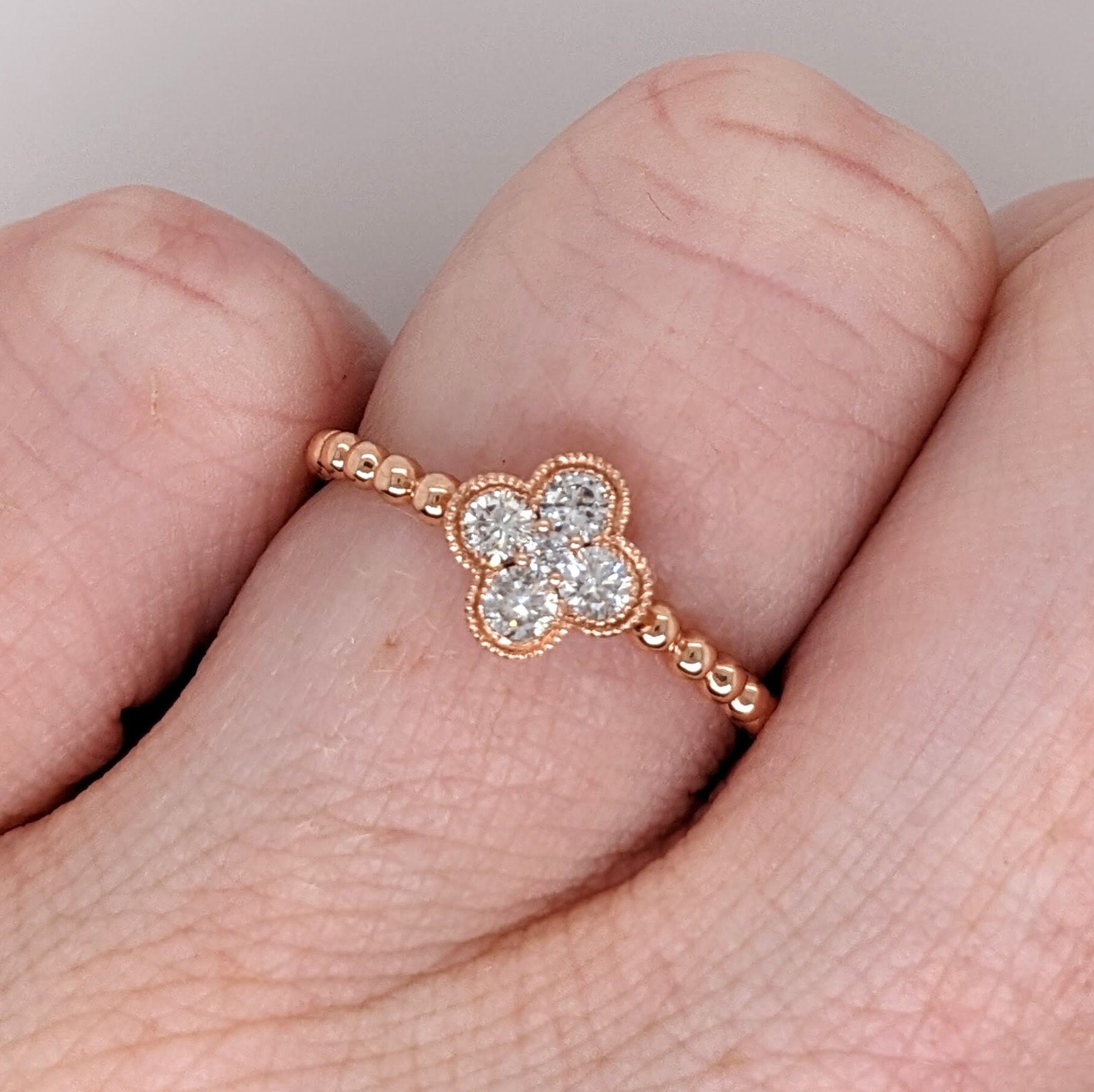 Stackable Rings-Clover Shaped Diamond Ball Band Ring in Solid 14k Rose Gold || Round Diamonds || Customizable || Natural Diamonds || Stackable || - NNJGemstones