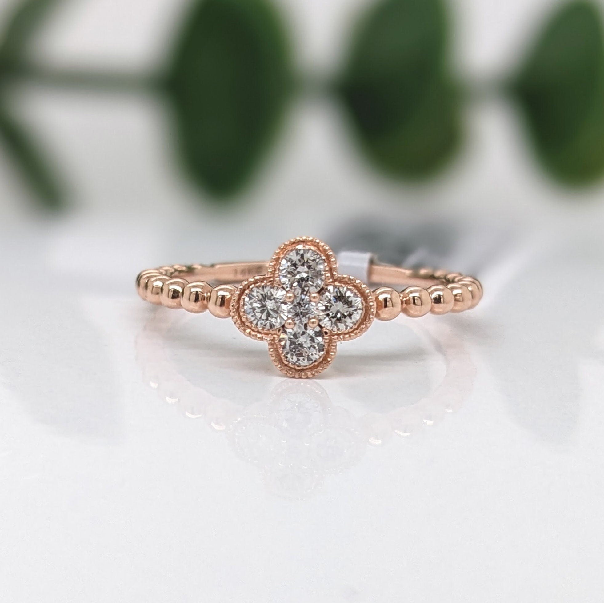 Stackable Rings-Clover Shaped Diamond Ball Band Ring in Solid 14k Rose Gold || Round Diamonds || Customizable || Natural Diamonds || Stackable || - NNJGemstones