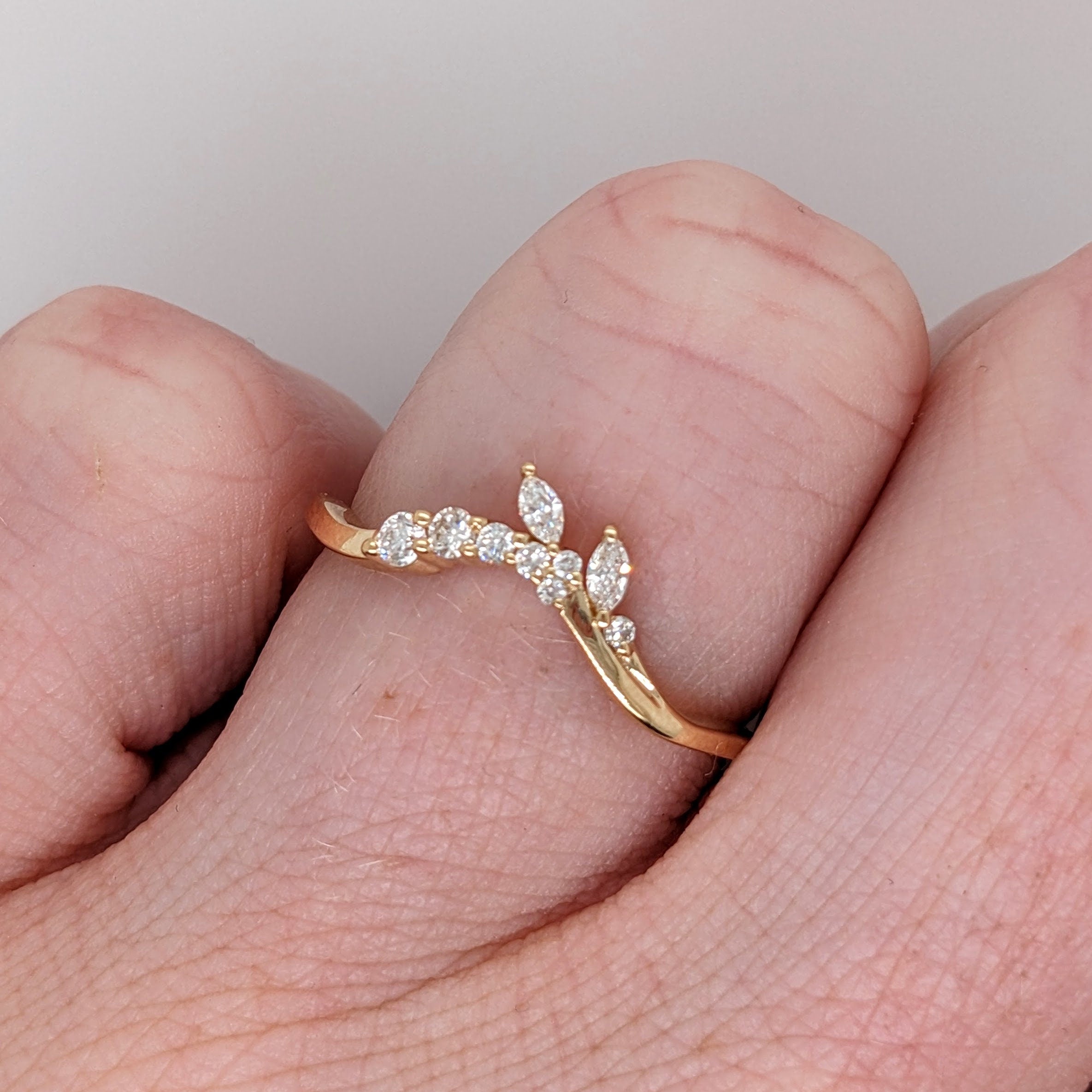 Stackable Rings-Elegant Curved Band w Natural Diamonds in Solid 14k Yellow Gold || Marquise and Round Diamonds || Wedding Band || Stackable || Simplistic || - NNJGemstones