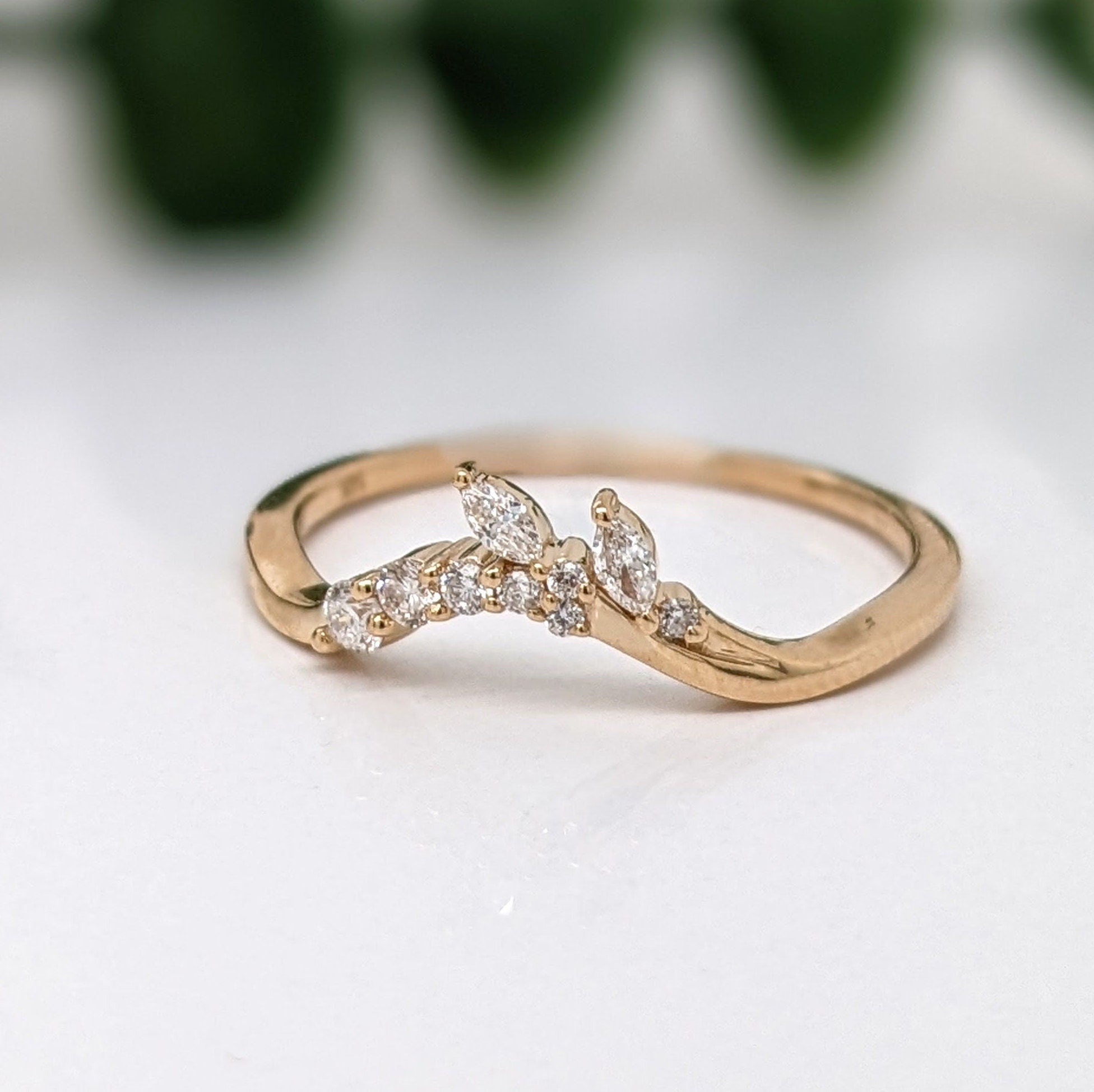 Stackable Rings-Elegant Curved Band w Natural Diamonds in Solid 14k Yellow Gold || Marquise and Round Diamonds || Wedding Band || Stackable || Simplistic || - NNJGemstones