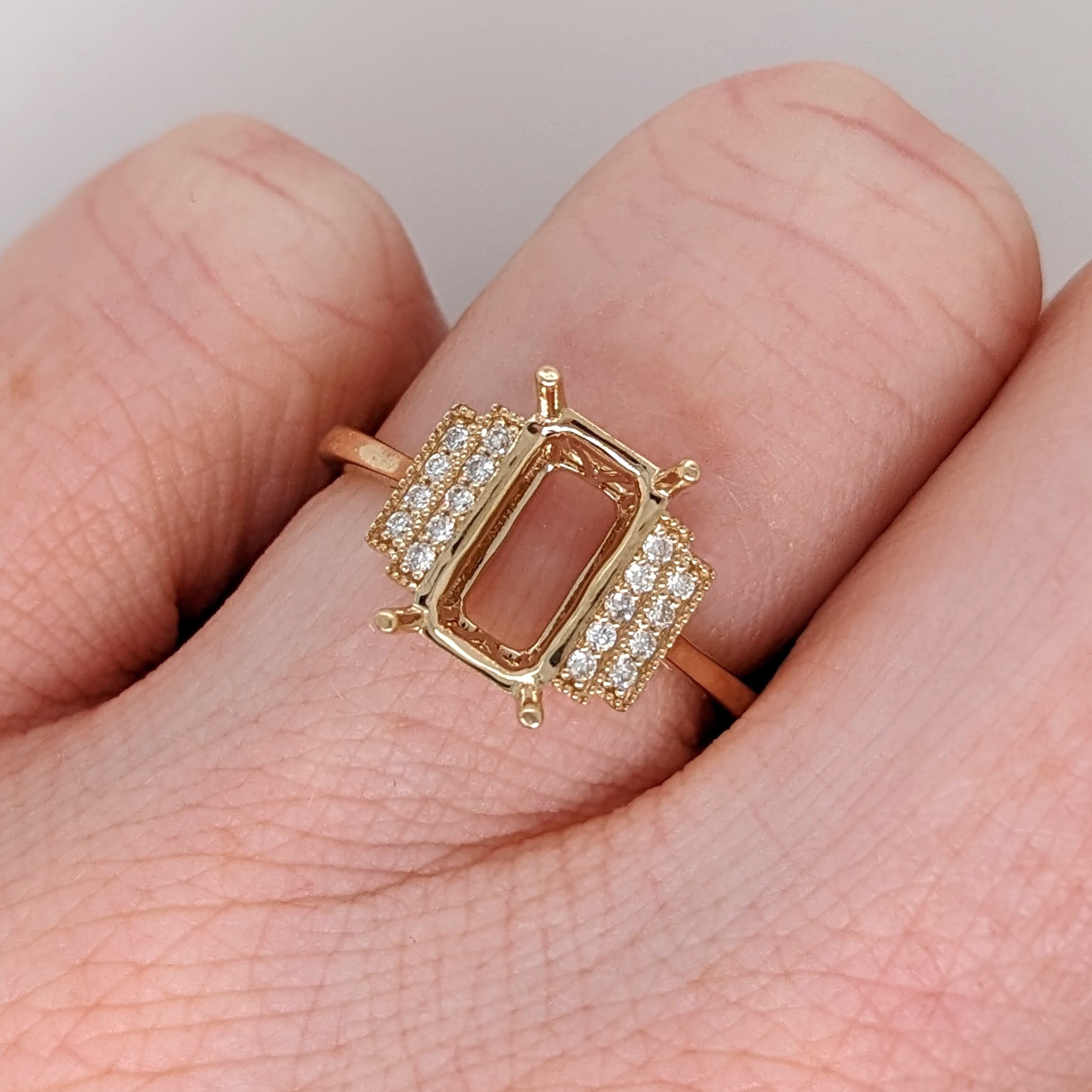 Statement Rings-Statement Ring Setting W Round Earth Mined Diamond Accents and Milgrain Details in 14K Solid Gold | Emerald Cut 10x5.5mm | Customizable - NNJGemstones