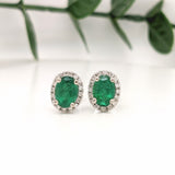 Stud Earrings-Vibrant Green Emeralds in 14K White Gold w Pave Diamond Halo | Oval 7x5mm | May Birthstone | Staple Earrings | Daily Wear | Secure Push Back - NNJGemstones