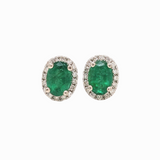 Vibrant Green Emeralds in 14K Gold w Pave Diamond Halo | Oval 7x5mm | May Birthstone | Staple Earrings | Daily Wear | Secure Push Back