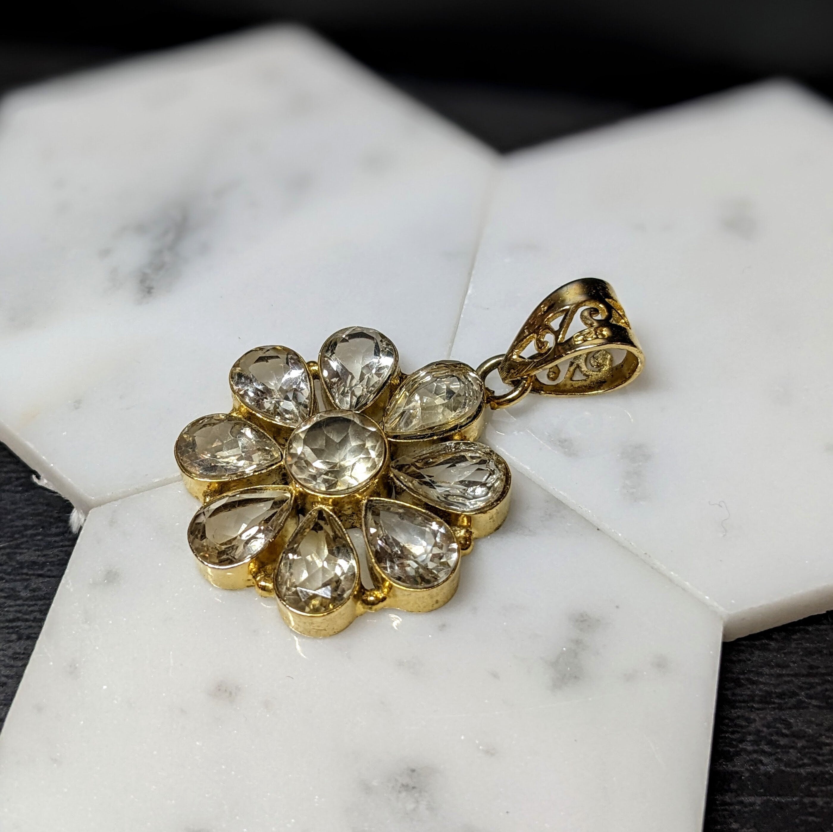 Pendants-Lemon Quartz Flower Pendant in Solid Silver || Pear Shape || Previously Loved || Yellow Gemstone || February Birthstone || - NNJGemstones
