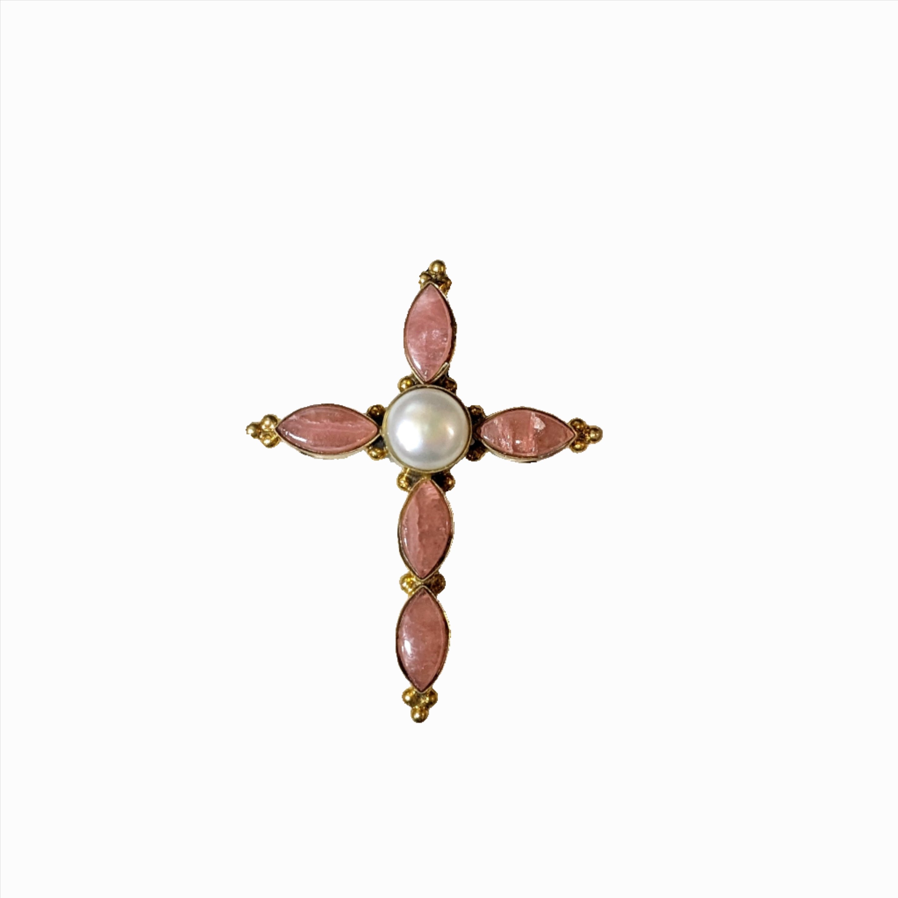 Pendants-Rhodochrosite & Pearl Cross Pendant in Solid Silver || Marquise Shape || Previously Loved || Pink Gemstone || October Birthstone || - NNJGemstones