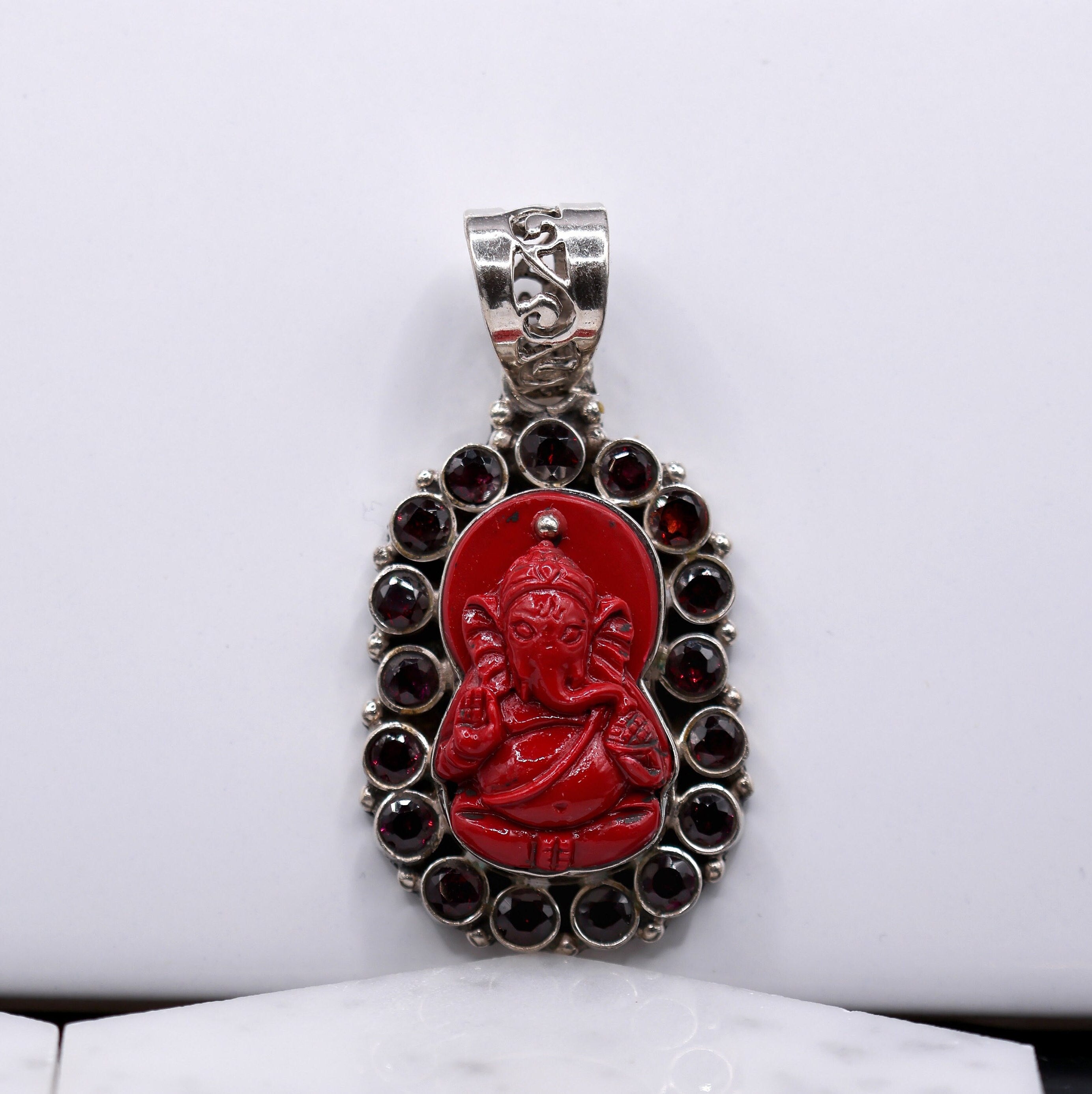 Pendants-Apple Coral and Garnet Ganesha Pendant in Solid Silver || Round 4mm || Previously Loved || Rainbow Gemstone || January Birthstone || - NNJGemstones