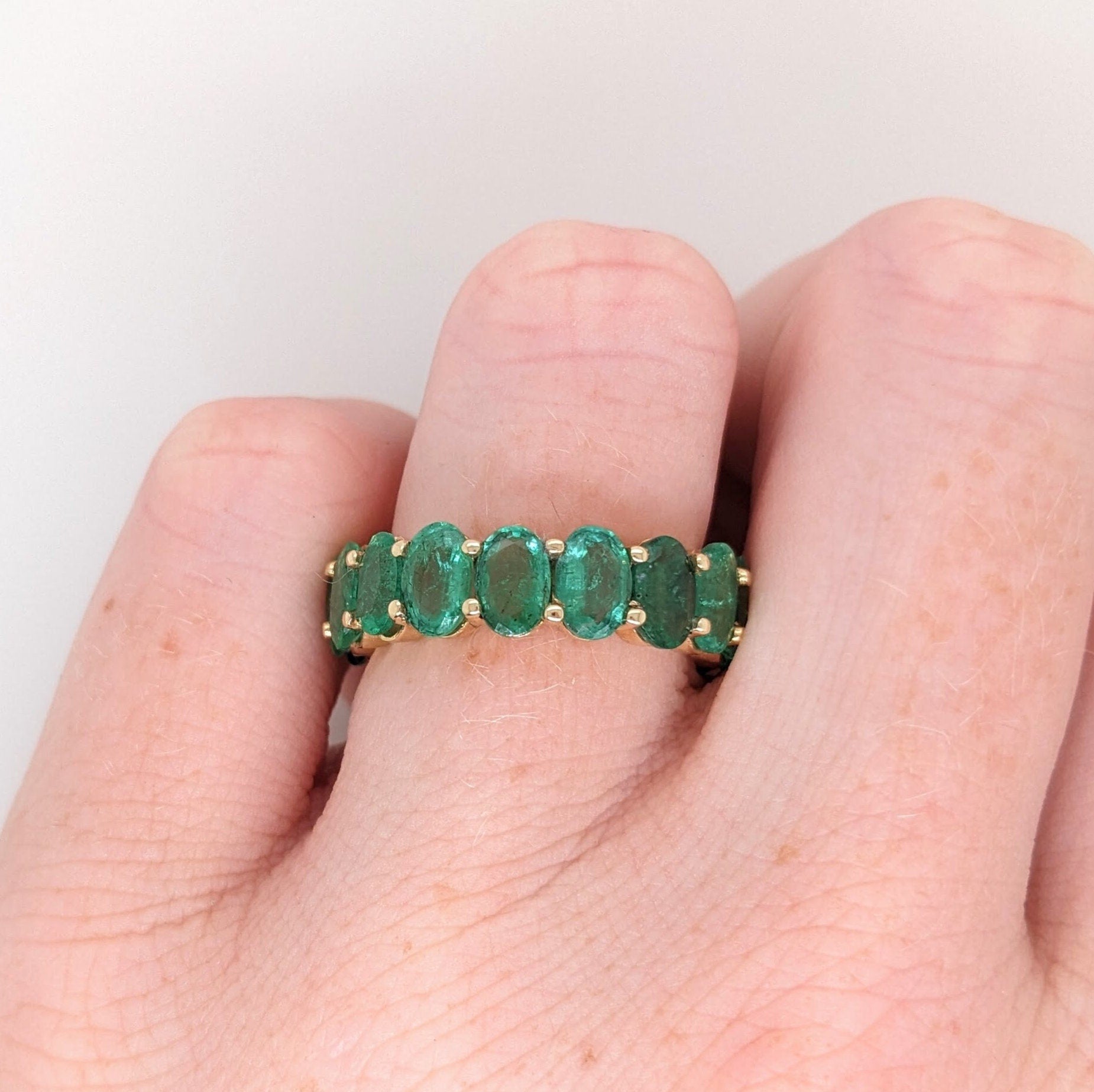 Stackable Rings-Natural Emerald Band in Solid 14k Yellow Gold|| Green Gemstone Ring || Stackable Ring || May Birthstone || Engagement Band || Customize || - NNJGemstones