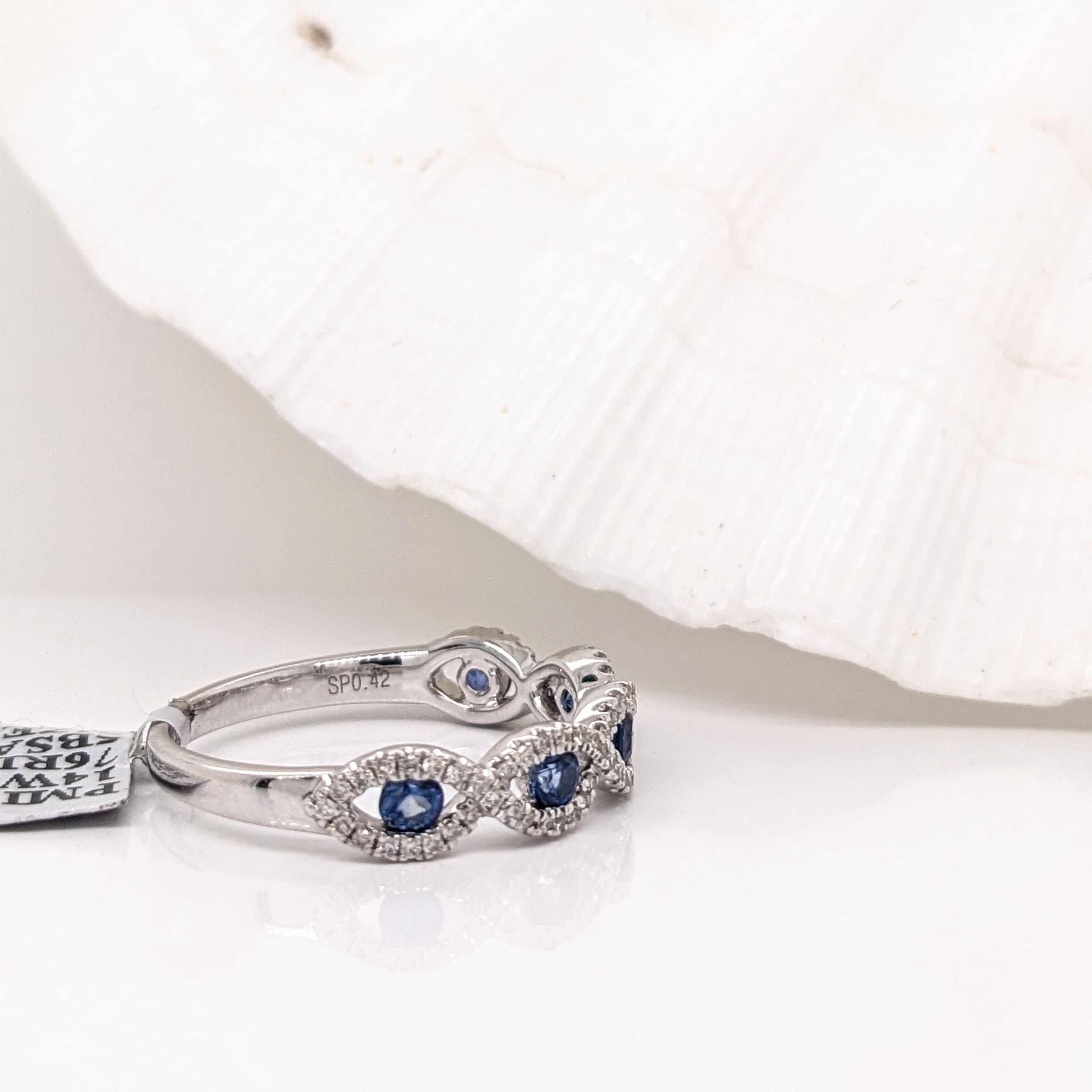 Stackable Rings-Pretty Sapphire Band in Solid 14k White Gold with Natural Diamond Accents || Blue Gemstone Ring || Stackable Ring || October Birthstone || - NNJGemstones