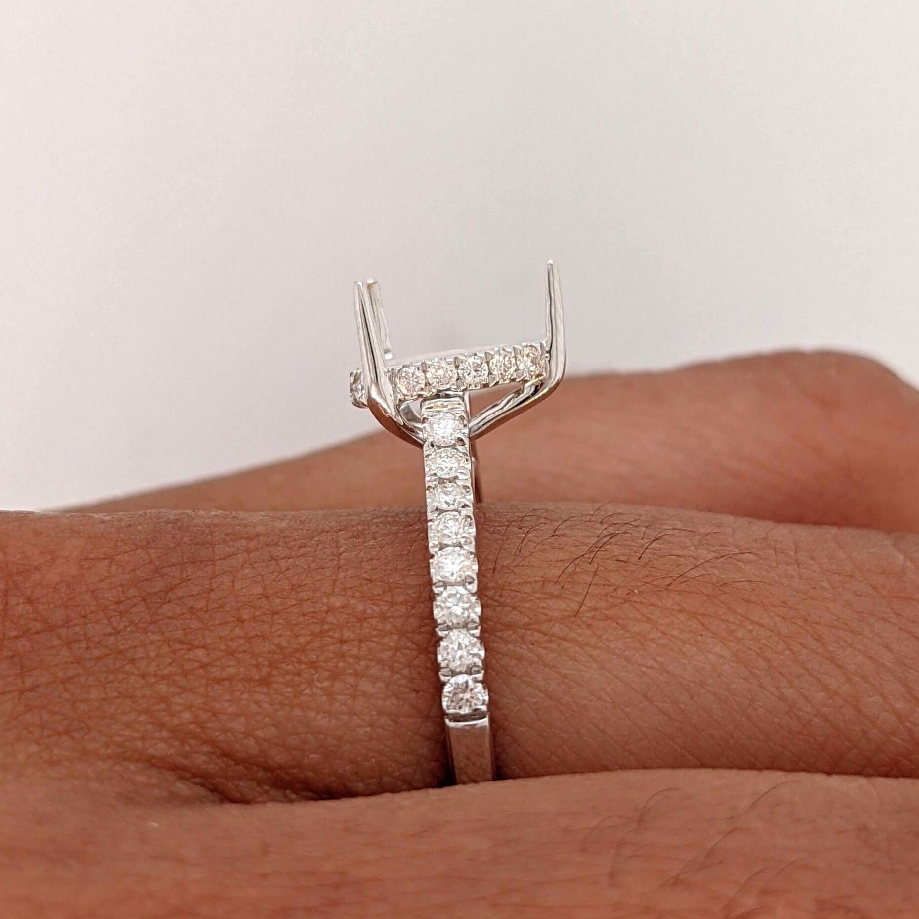 Engagement Rings-Elegant Ring Setting W Natural Diamond Hidden Halo in 14K Solid Gold | Pear Shape 7x5 8x6 9x7 | Pave Band | Gemstone Setting | Customizable - NNJGemstones