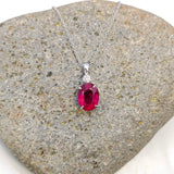 Pendants-Pretty Ruby Pendant in Solid 14k White Gold with a Accent Diamond || Oval 6x4mm || July Birthstone || Minimalist Dainty || Customizable - NNJGemstones