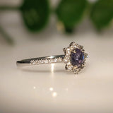 Natural Alexandrite Ring w Diamond Halo in Solid 14k White Gold | Oval 5x3.5mm | June Birthstone