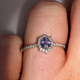 Natural Alexandrite Ring w Diamond Halo in Solid 14k White Gold | Oval 5x3.5mm | June Birthstone