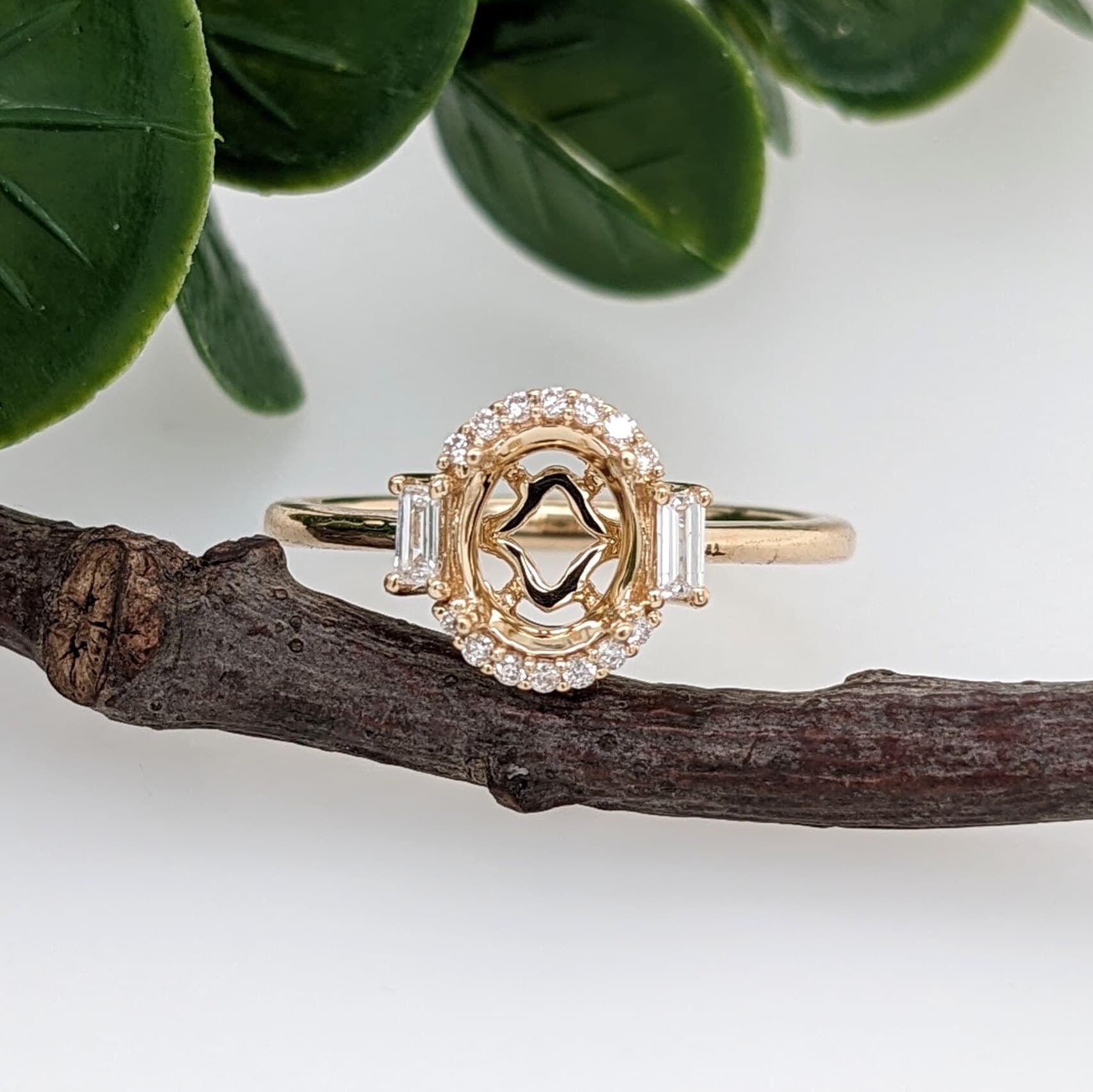 Statement Rings-Classic Art Deco Ring Setting in 14K Solid Gold w Round & Baguette Diamond Halo | Oval 6x4 7x5 8x6 | Statement Ring | Customizable - NNJGemstones