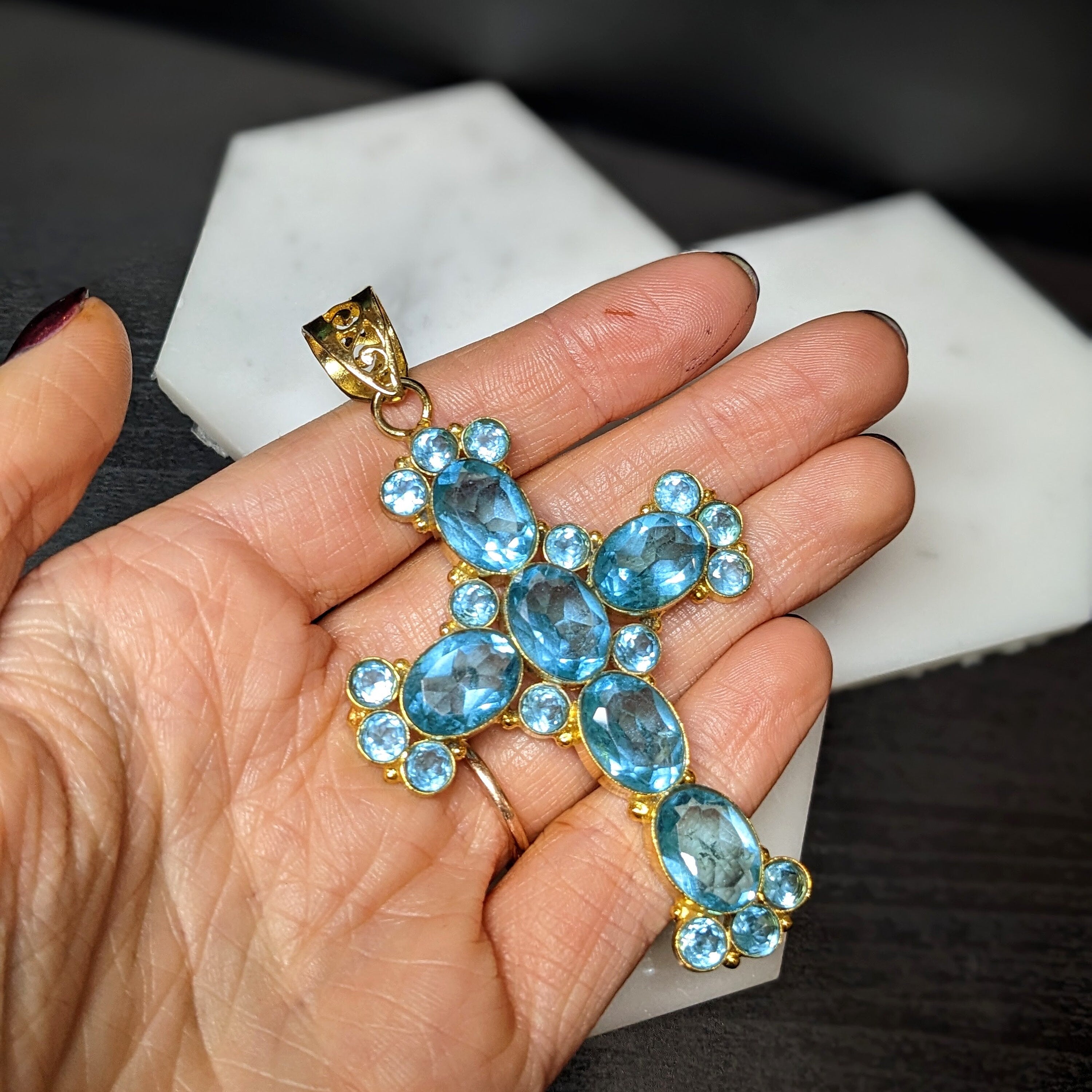 Pendants-Pretty Blue Topaz Cross Pendant in Solid Silver || Vermeil || Oval & Round Cut || Previously Loved || Blue Gemstone || December Birthstone | - NNJGemstones