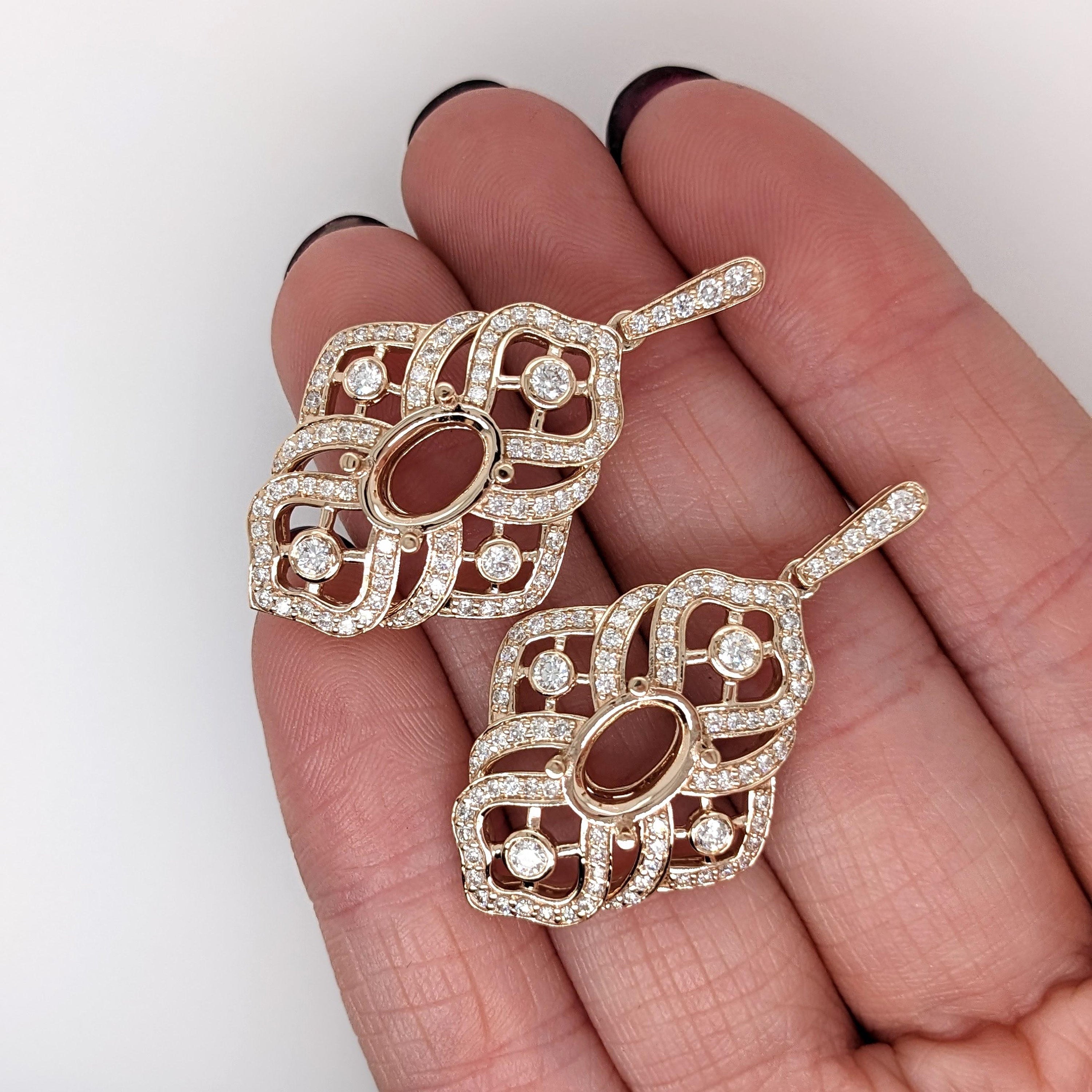 Earrings-Statement Dangle Earrings Semi Mount w Diamonds in Solid 14K Gold Oval 10x7mm - NNJGemstones