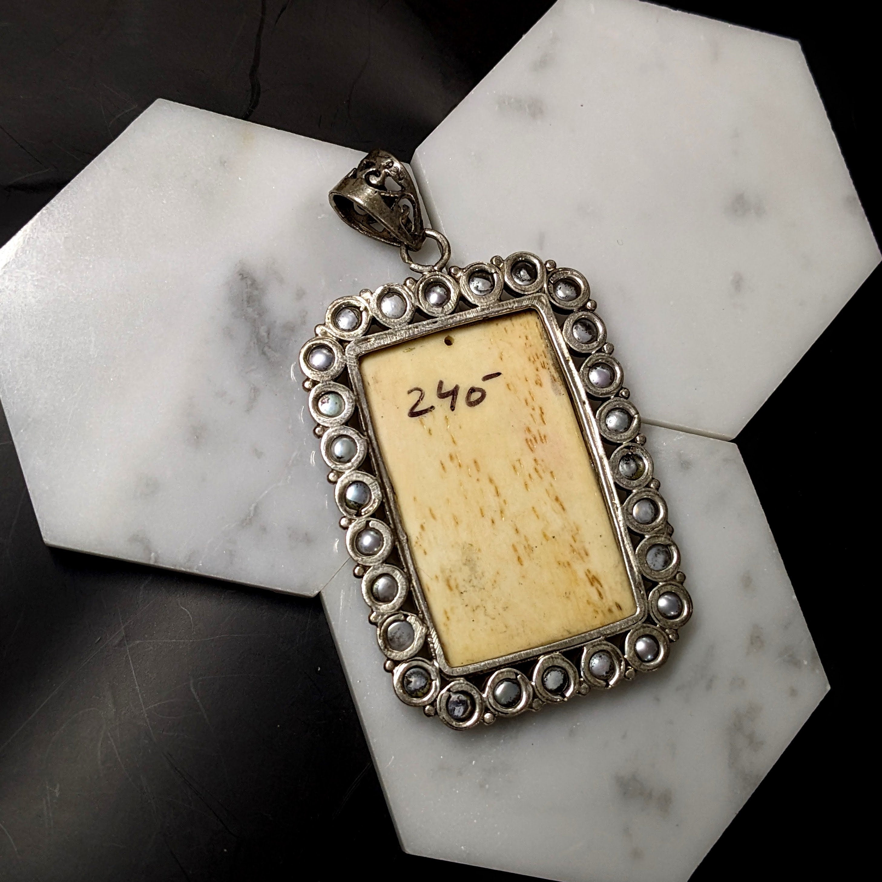 Pendants-Pearl and Coral Carbon Pendant in Solid Silver || Rectangle Shape || White Gemstone || June Birthstone || Religious Pendant || - NNJGemstones