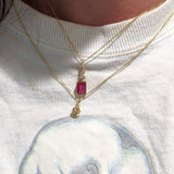 Ruby Dangle Pendant in Solid 14k Yellow Gold with Natural Diamond Accents | Emerald Cut 8x6mm | July Birthstone