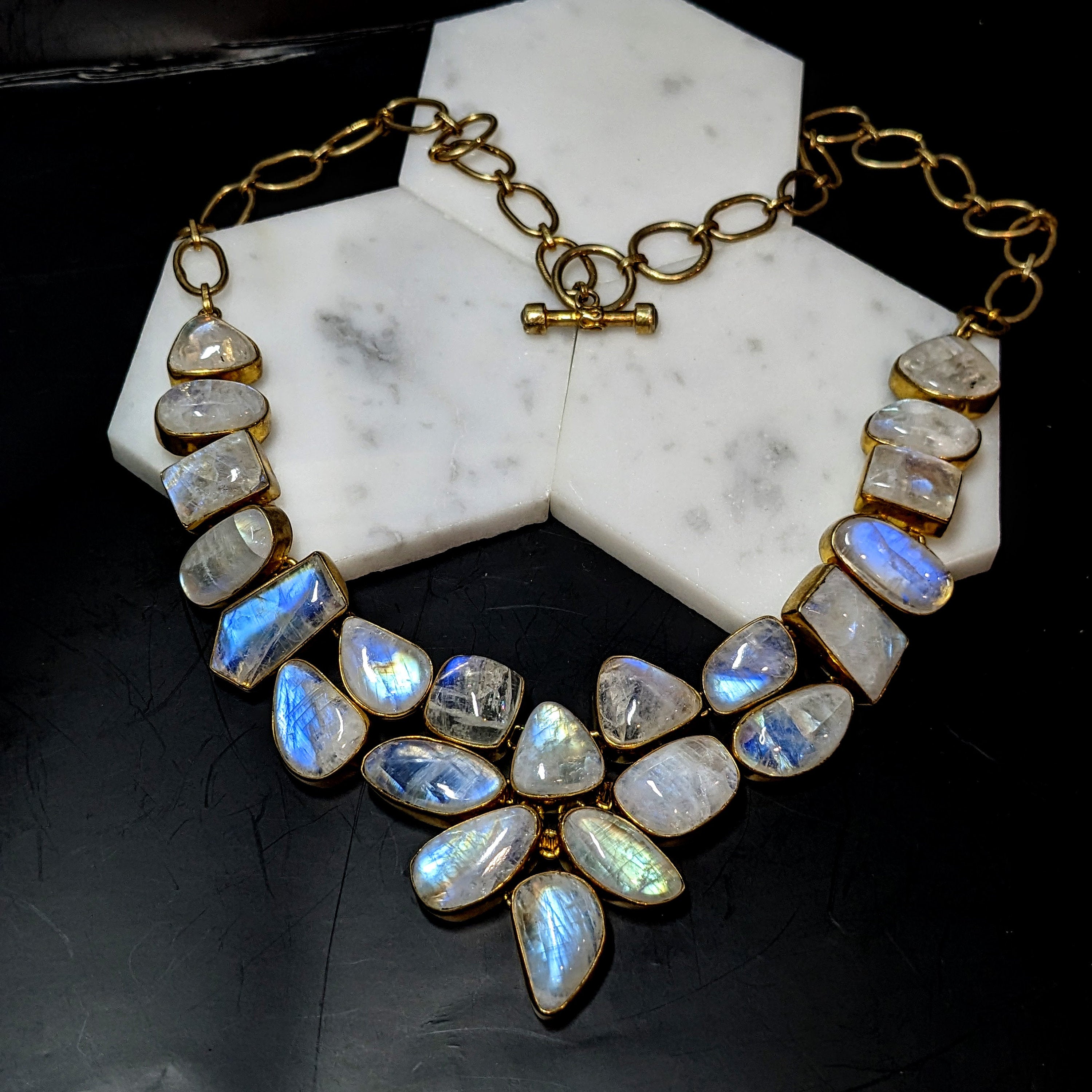 Pendants-Stunning Moonstone Necklace in Solid Vermeil || Colorful || Transparent Gemstone || June Birthstone || Toggle Clasp || - NNJGemstones