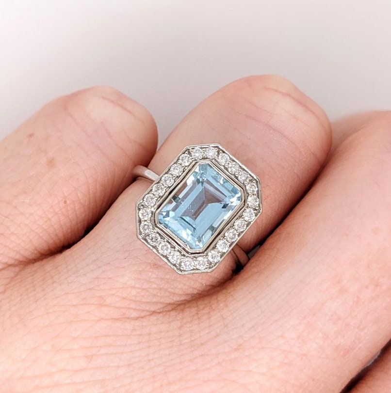 Statement Rings-Classic Bezel Semi Mount w Natural Diamond Halo in Solid 14K Gold | Emerald Cut 6x4mm 7x5mm 8x6mm | Radiant Cut Ring Blank | Customizable | - NNJGemstones