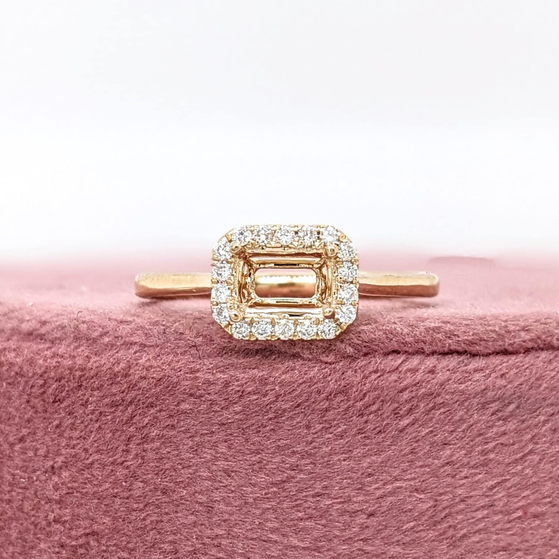 Engagement Rings-East-West Ring Setting W Earth Mined Diamond Halo in 14K Solid Gold | Emerald Cut 6x4 7x5 8x6 | Tapered Shank | Customizable - NNJGemstones