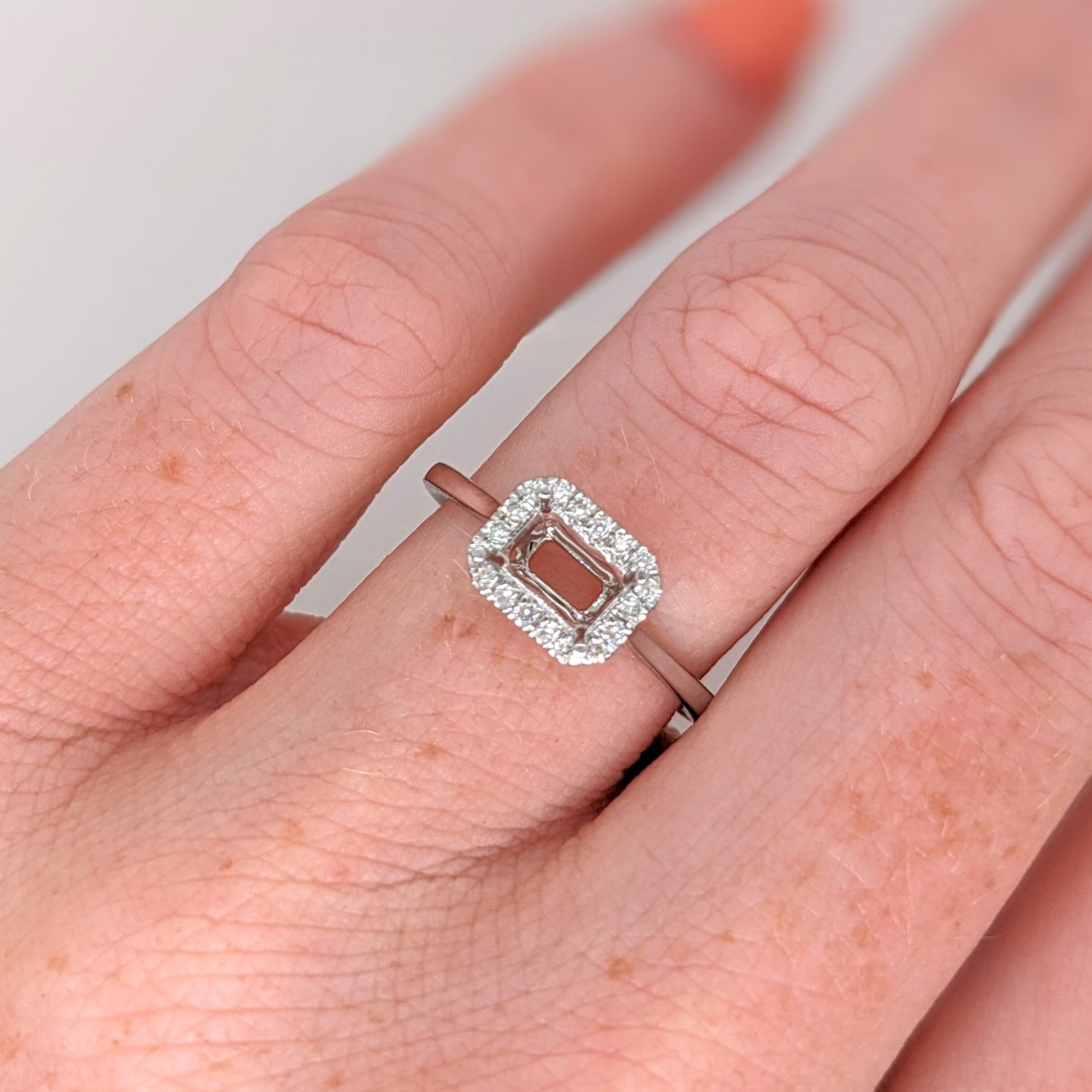 Engagement Rings-East-West Ring Setting W Earth Mined Diamond Halo in 14K Solid Gold | Emerald Cut 6x4 7x5 8x6 | Tapered Shank | Customizable - NNJGemstones