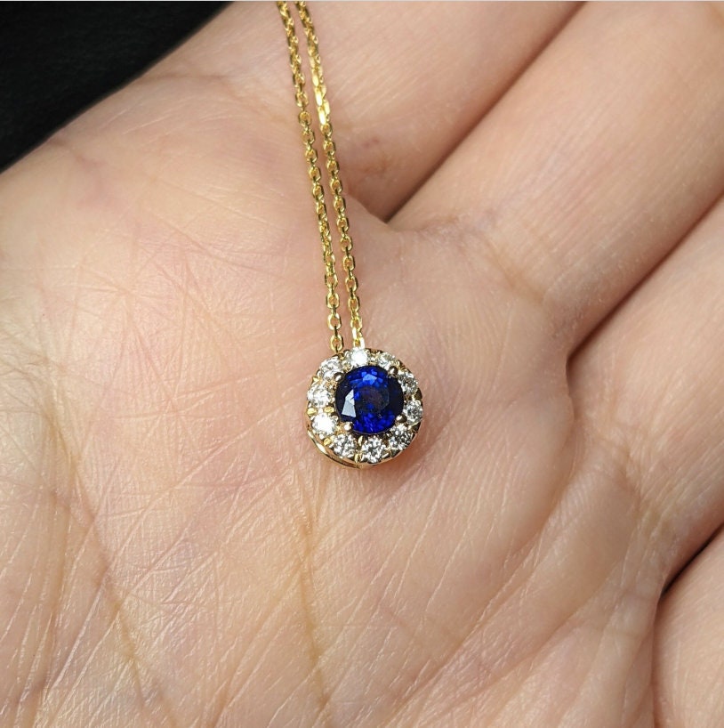 Pendants-Minimalist Halo Pendant Design Setting in 14K Solid Gold | Round Shape 4mm 5mm 6mm | Natural Diamond Accents | Dainty Jewelry | Customizable - NNJGemstones