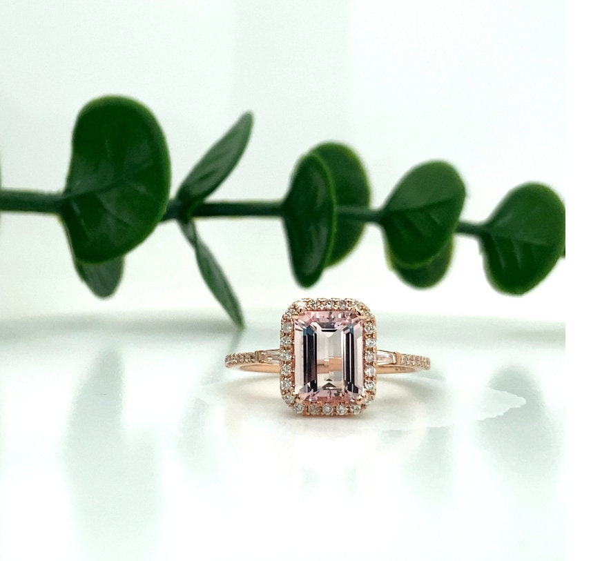 Engagement Rings-Lovely Diamond Halo Ring Setting with Accent Baguettes in Solid 14k White, Yellow or Rose Gold | Emerald Cut 7x5mm 8x6mm 9x7mm 10x8mm 11x9mm - NNJGemstones