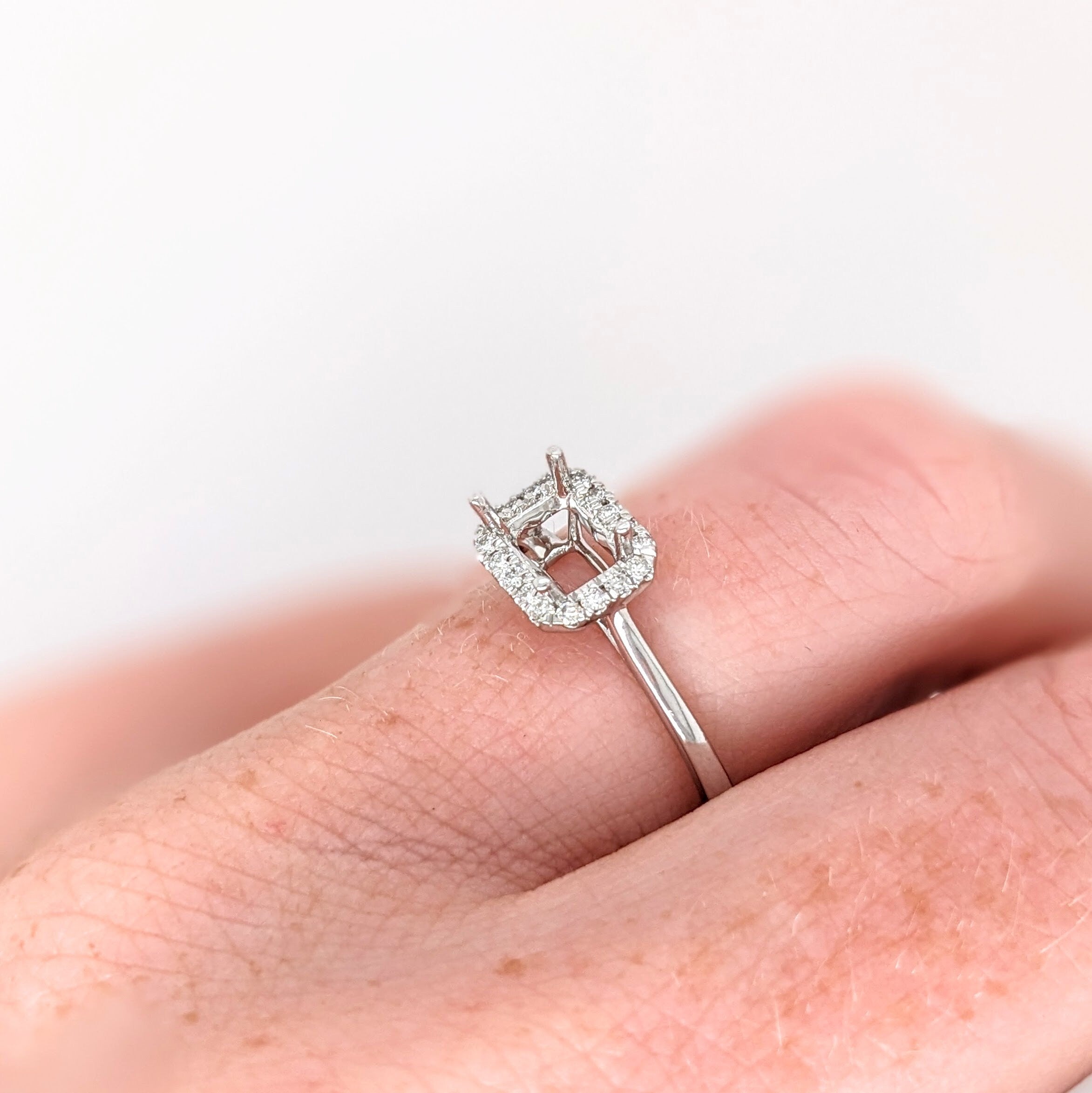 Engagement Rings-East-West Ring Setting W Earth Mined Diamond Halo in 14K Solid Gold | Emerald Cut 6x4 7x5 8x6 | Tapered Shank | Customizable - NNJGemstones