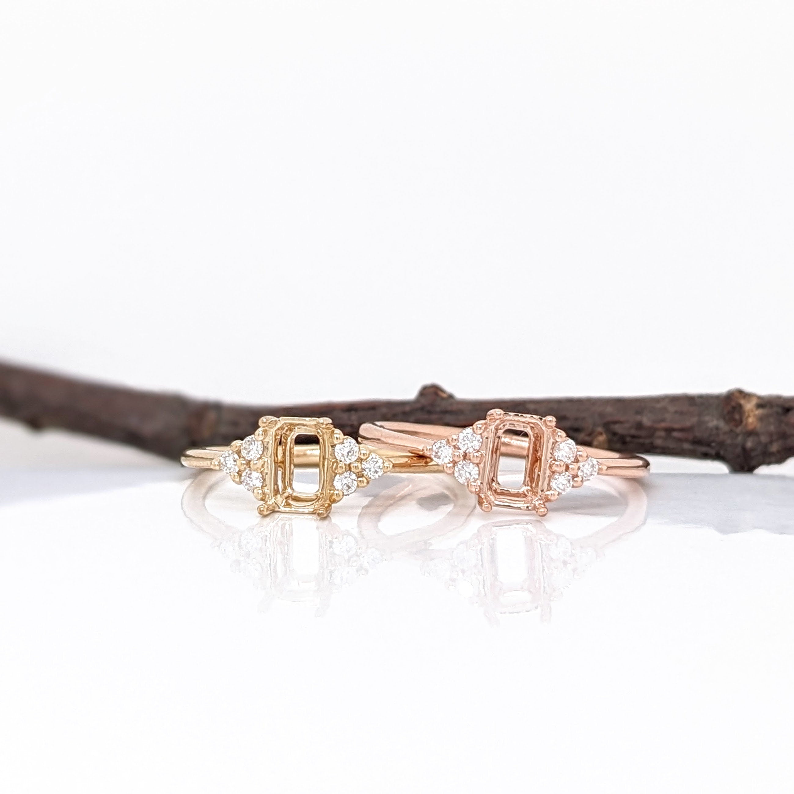 Statement Rings-Art Deco Style Ring Semi Mount in Solid 14K Gold w Diamond Accents | Emerald Cut Radiant Cut | Ring Setting | Custom Jewelry - NNJGemstones