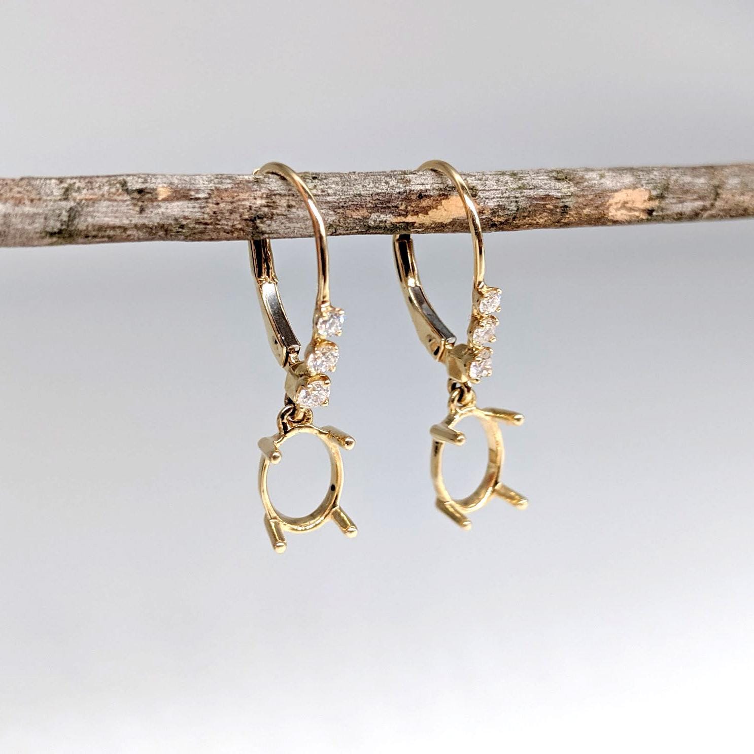 Dangle & Drop Earrings-Lever Back Dangle Earring Setting W Natural Graduated Diamond Accents in 14K Solid Gold | Oval Shape 8x6 9x7 | Customizable - NNJGemstones