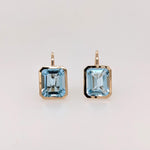 Solitaire Swiss Blue Topaz Drop Earrings in 14k Solid Gold | Emerald Cut