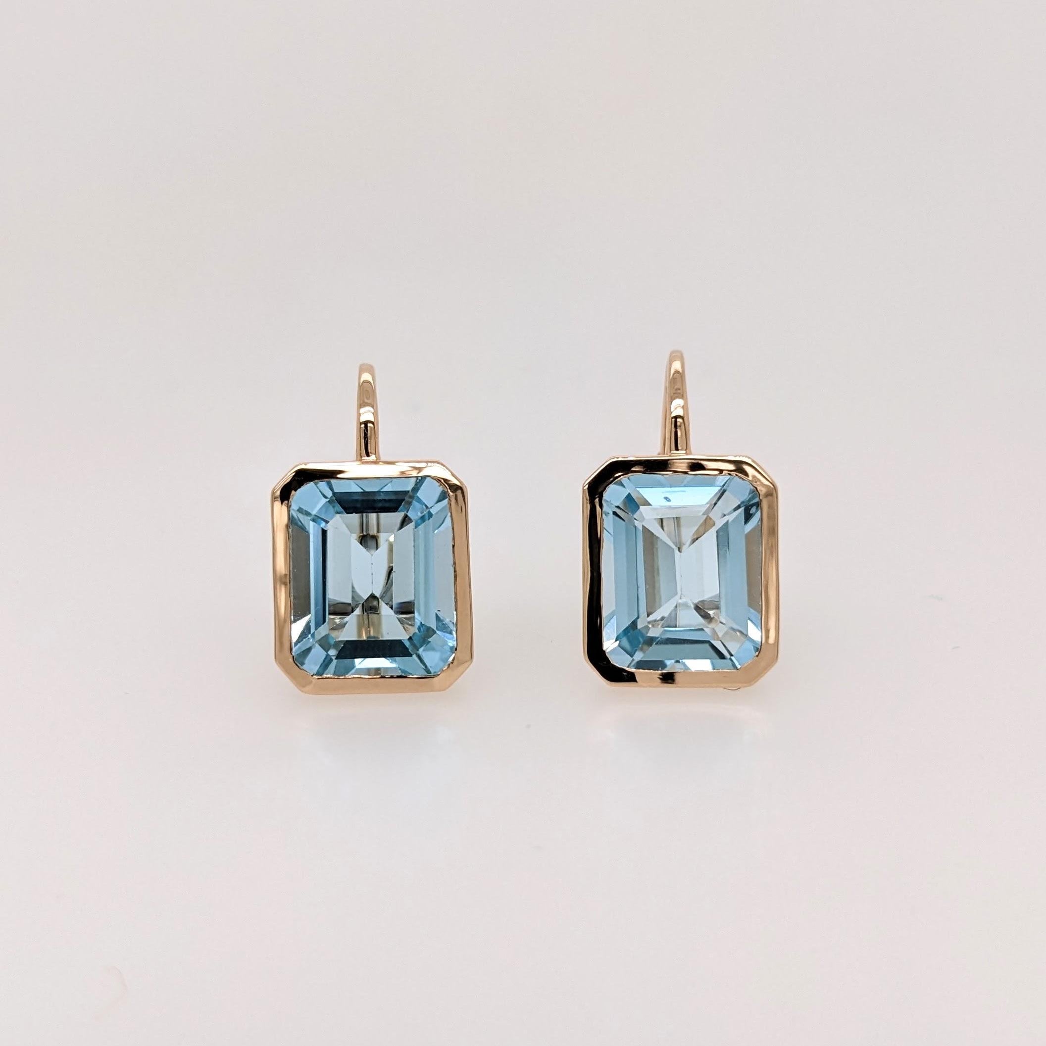 Solitaire Swiss Blue Topaz Drop Earrings in 14k Solid Gold | Emerald Cut