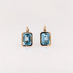 Solitaire Swiss Blue Topaz Drop Earrings in 14k Solid Gold | Emerald Cut