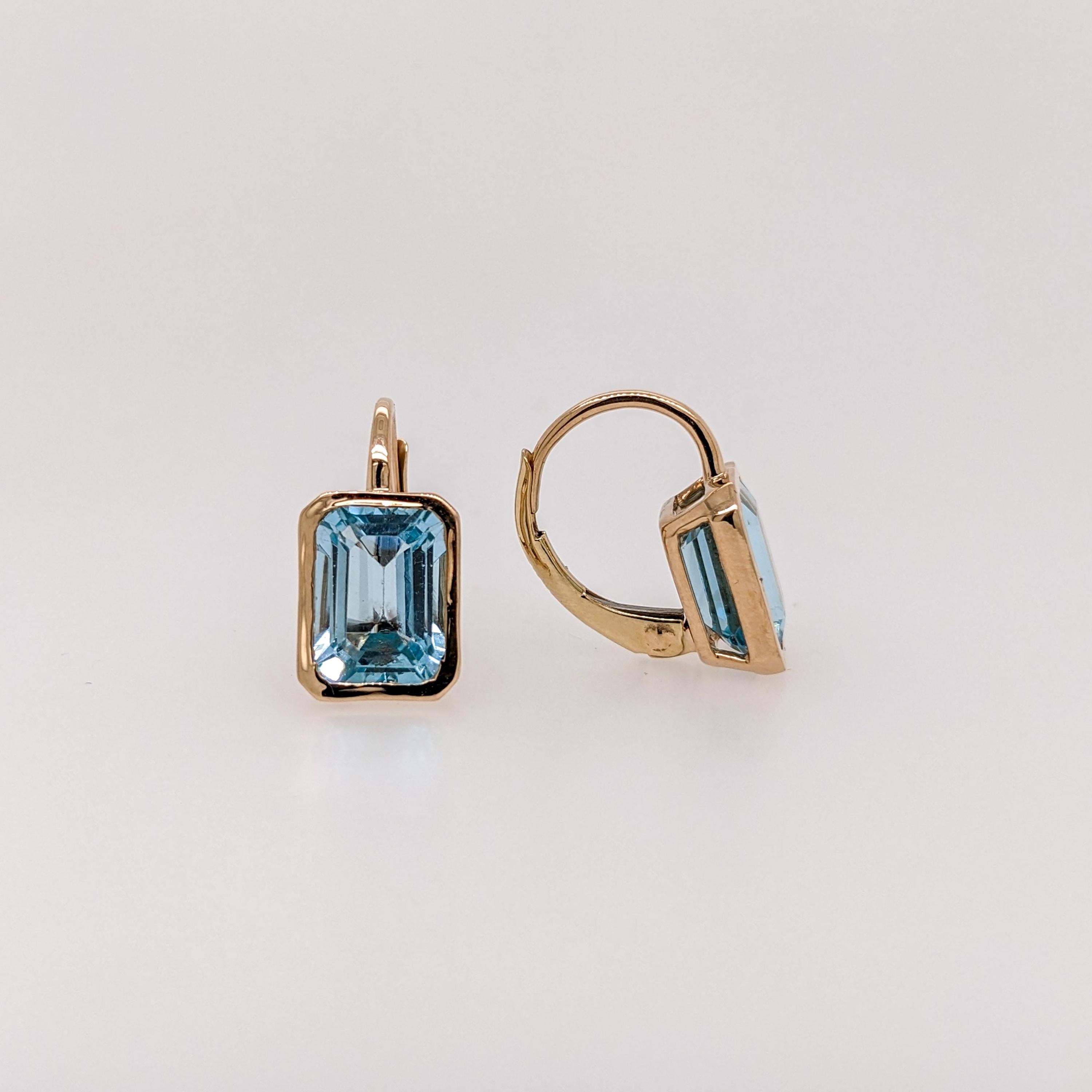 Solitaire Swiss Blue Topaz Drop Earrings in 14k Solid Gold | Emerald Cut