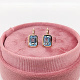 Solitaire Swiss Blue Topaz Drop Earrings in 14k Solid Gold | Emerald Cut