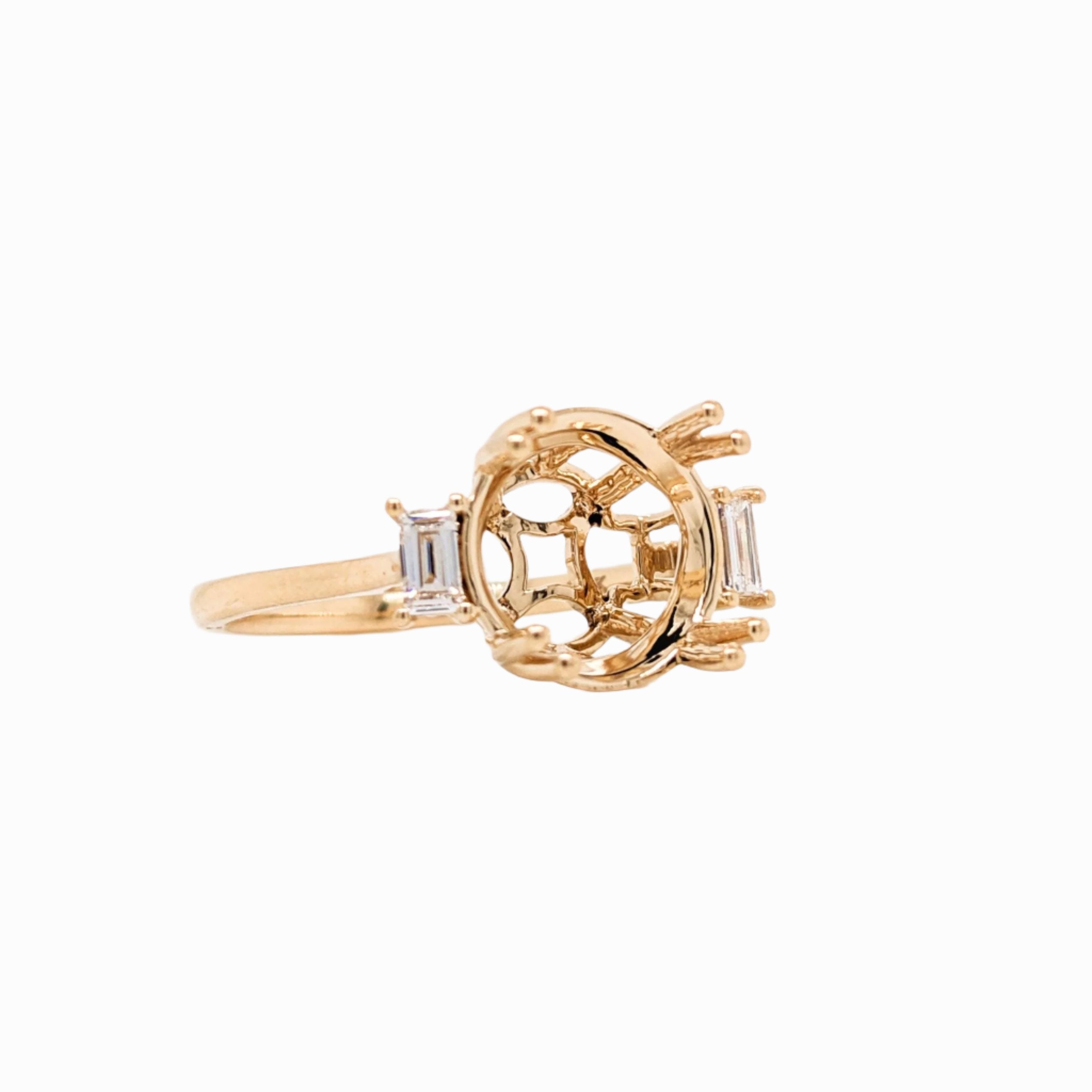 Statement Rings-Dainty Round Ring Setting w Natural Baguette Diamonds in 14K Solid Gold | Brilliant 6.5mm 7mm 8mm 9mm 10mm 12mm 14mm | Customizable - NNJGemstones