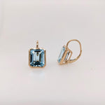 Solitaire Swiss Blue Topaz Drop Earrings in 14k Solid Gold | Emerald Cut