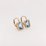 Solitaire Swiss Blue Topaz Drop Earrings in 14k Solid Gold | Emerald Cut