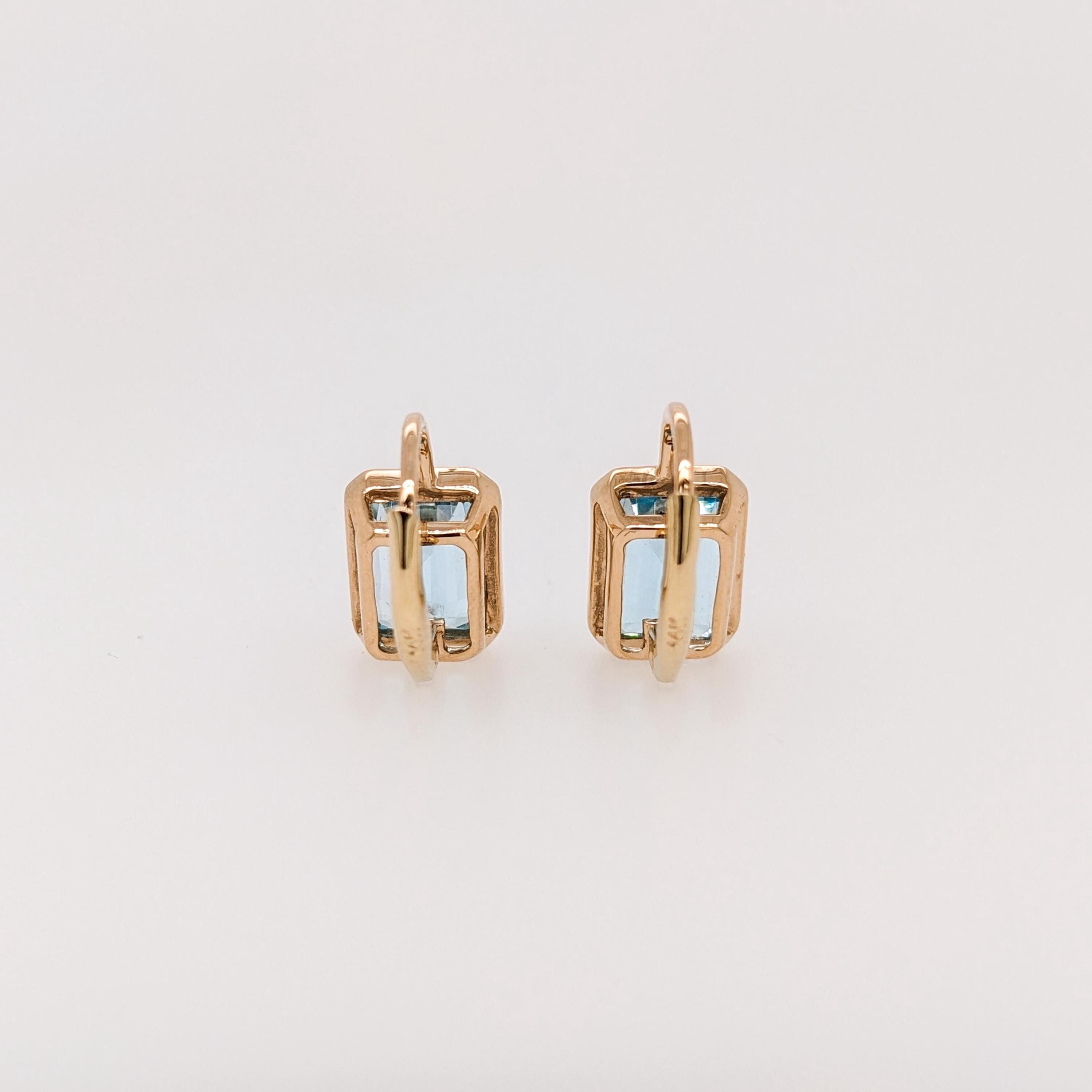 Solitaire Swiss Blue Topaz Drop Earrings in 14k Solid Gold | Emerald Cut