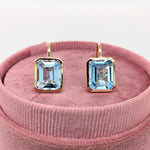 Solitaire Swiss Blue Topaz Drop Earrings in 14k Solid Gold | Emerald Cut