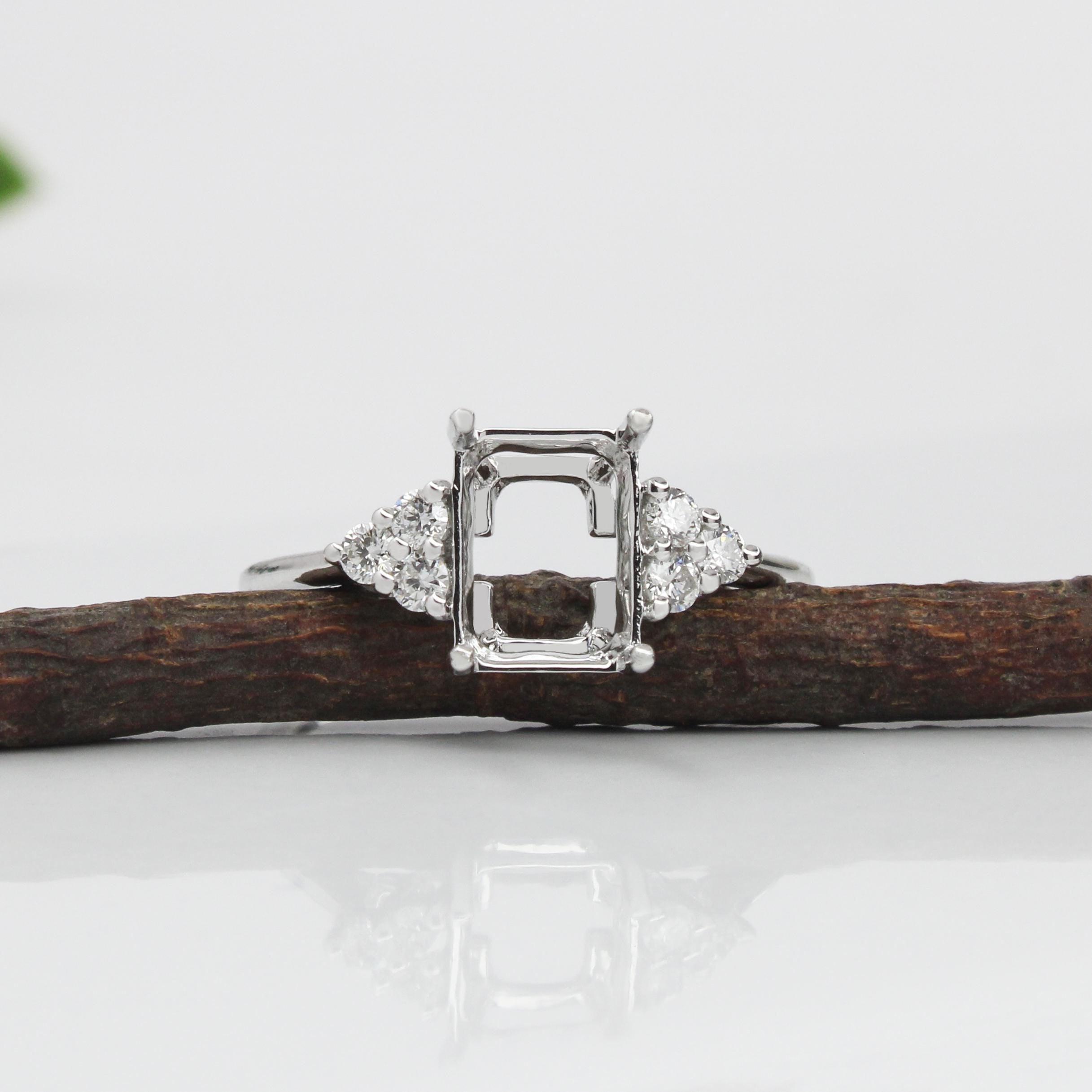 Statement Rings-Art Deco Style Ring Semi Mount in Solid 14K Gold w Diamond Accents | Emerald Cut Radiant Cut | Ring Setting | Custom Jewelry - NNJGemstones