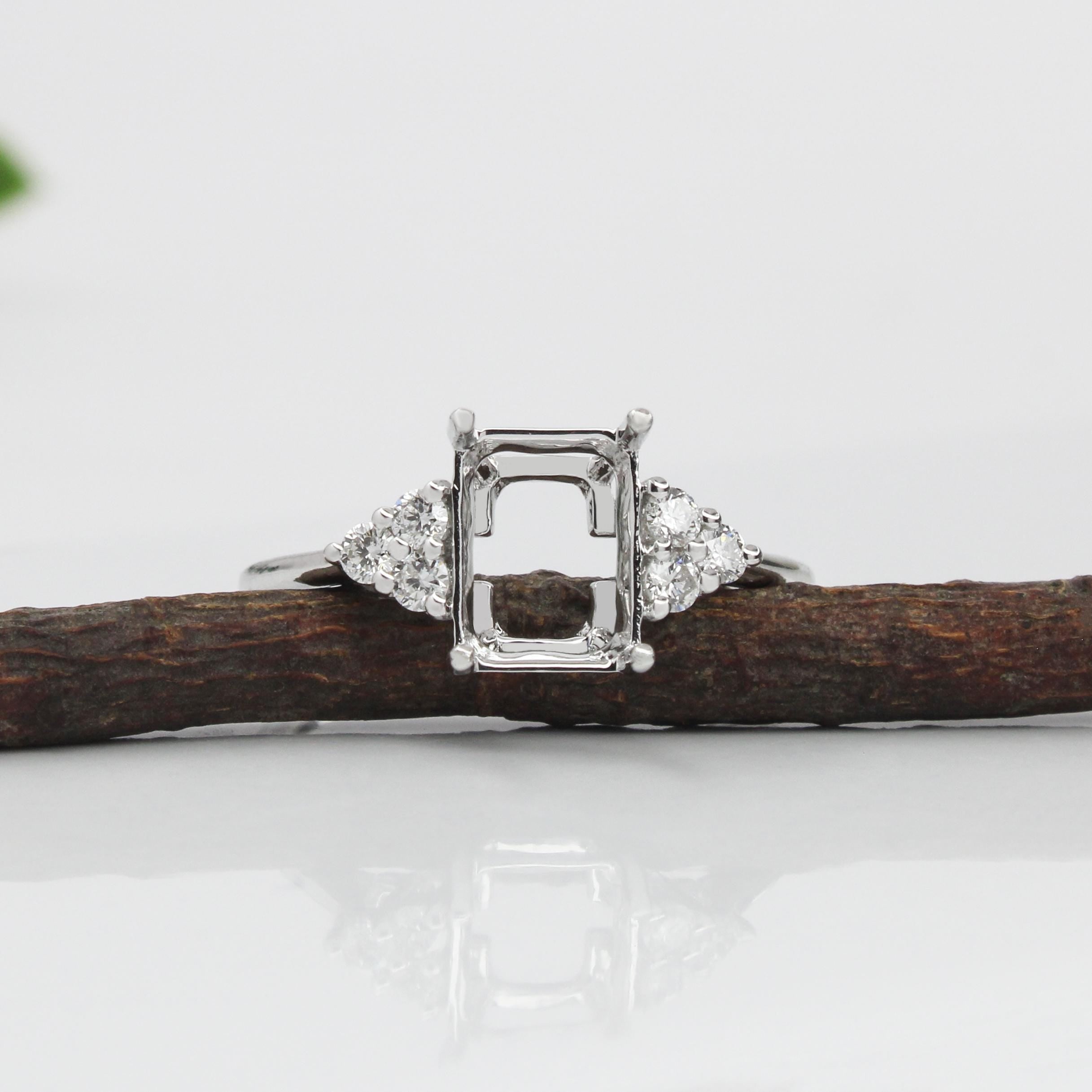 Statement Rings-Art Deco Style Ring Semi Mount in Solid 14K Gold w Diamond Accents | Emerald Cut Radiant Cut | Ring Setting | Custom Jewelry - NNJGemstones