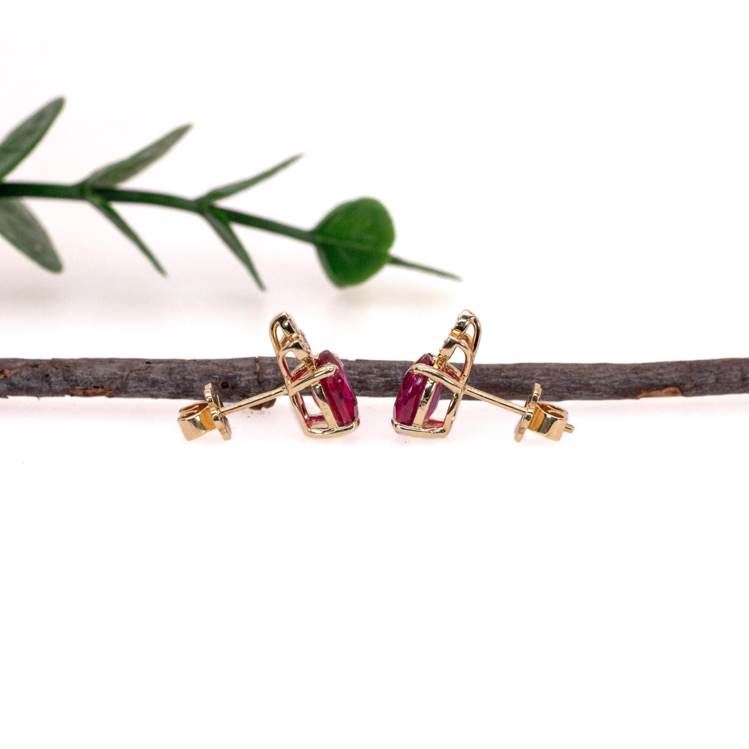 Madagascar Ruby Stud Earrings in 14K White Gold | Diamond Accents | Oval Cut | 8x6mm | July Birthstone