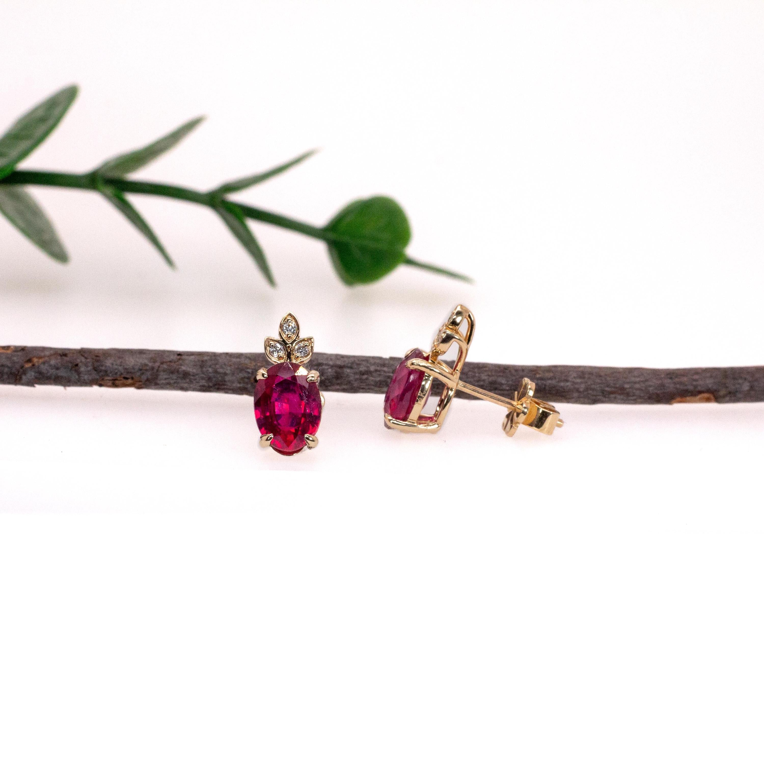 Madagascar Ruby Stud Earrings in 14K White Gold | Diamond Accents | Oval Cut | 8x6mm | July Birthstone