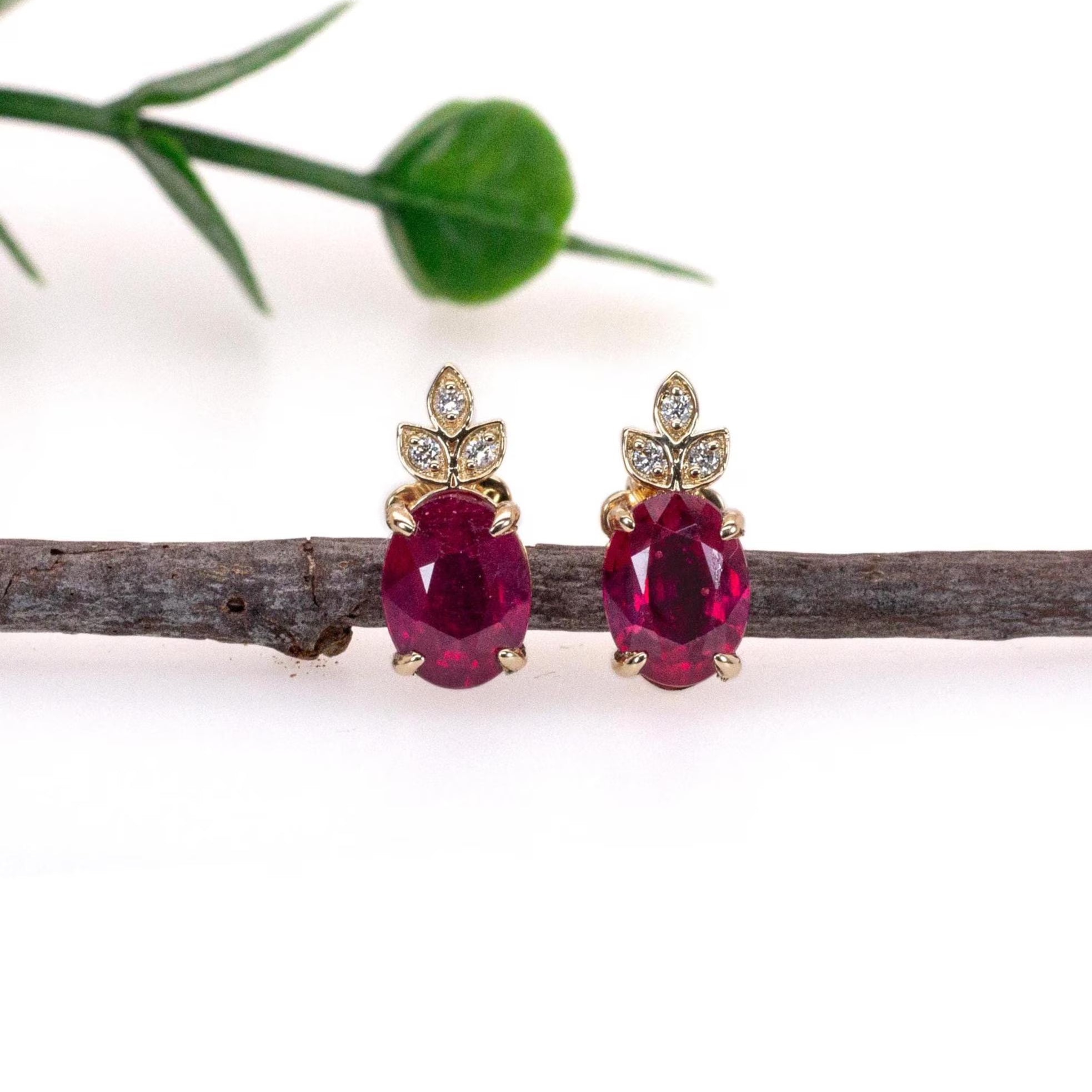 Madagascar Ruby Stud Earrings in 14K White Gold | Diamond Accents | Oval Cut | 8x6mm | July Birthstone