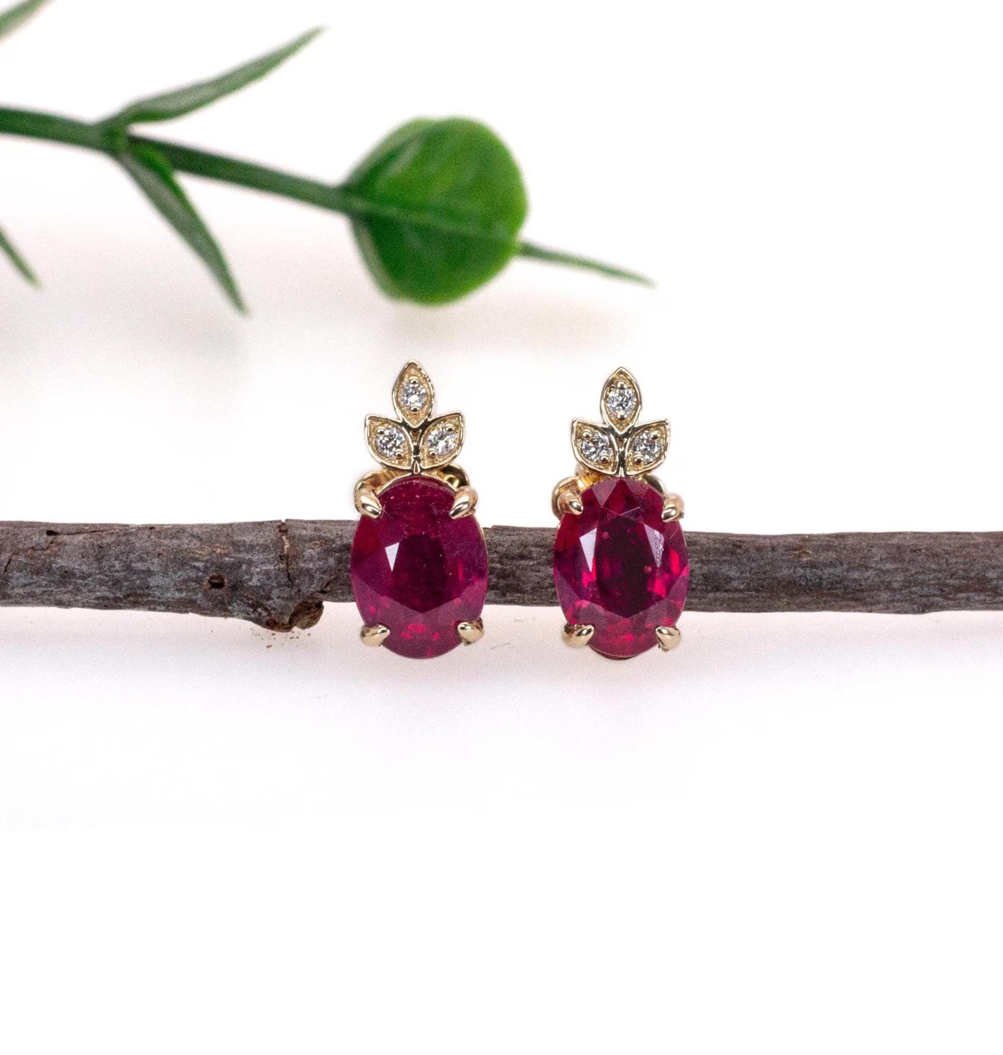 Madagascar Ruby Stud Earrings in 14K White Gold | Diamond Accents | Oval Cut | 8x6mm | July Birthstone