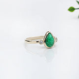 1.3ct Emerald Ring w Earth Mined Diamonds in Solid 14K Yellow Gold | Pear Shape 9x6mm