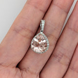 Peach Morganite Pendant in Solid 14K White Gold with Diamond Accents | Pear Shape 11x9mm