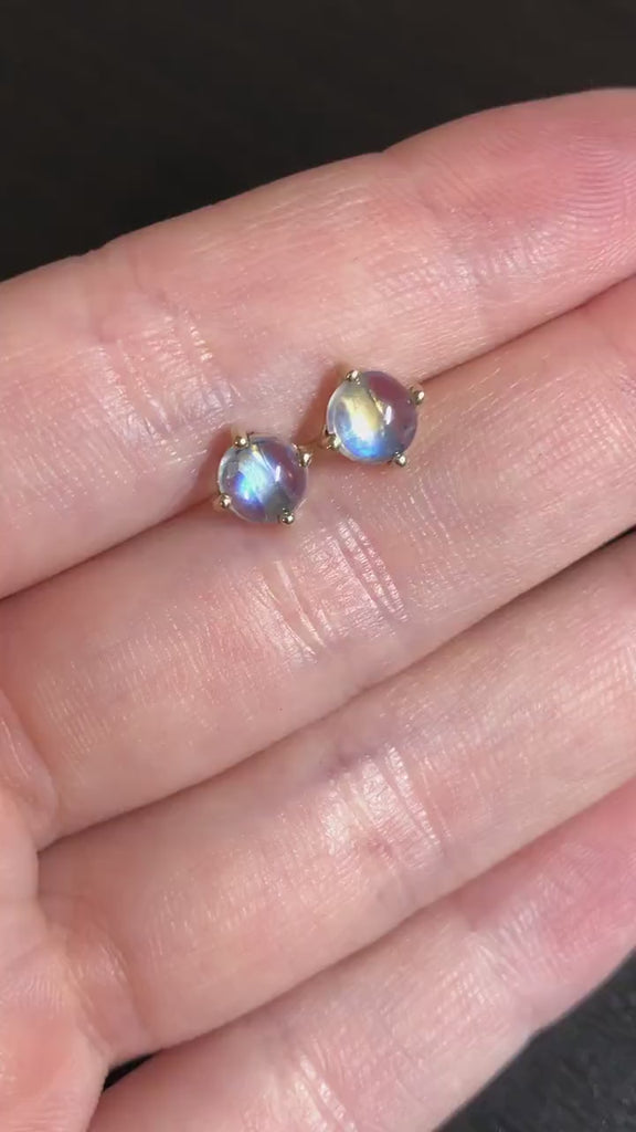 Glowing Rainbow Moonstone Stud Earrings in 14K Solid Gold | Round 5mm 6mm | 4 prong | Push Back | Wedding Birthday | Customizable